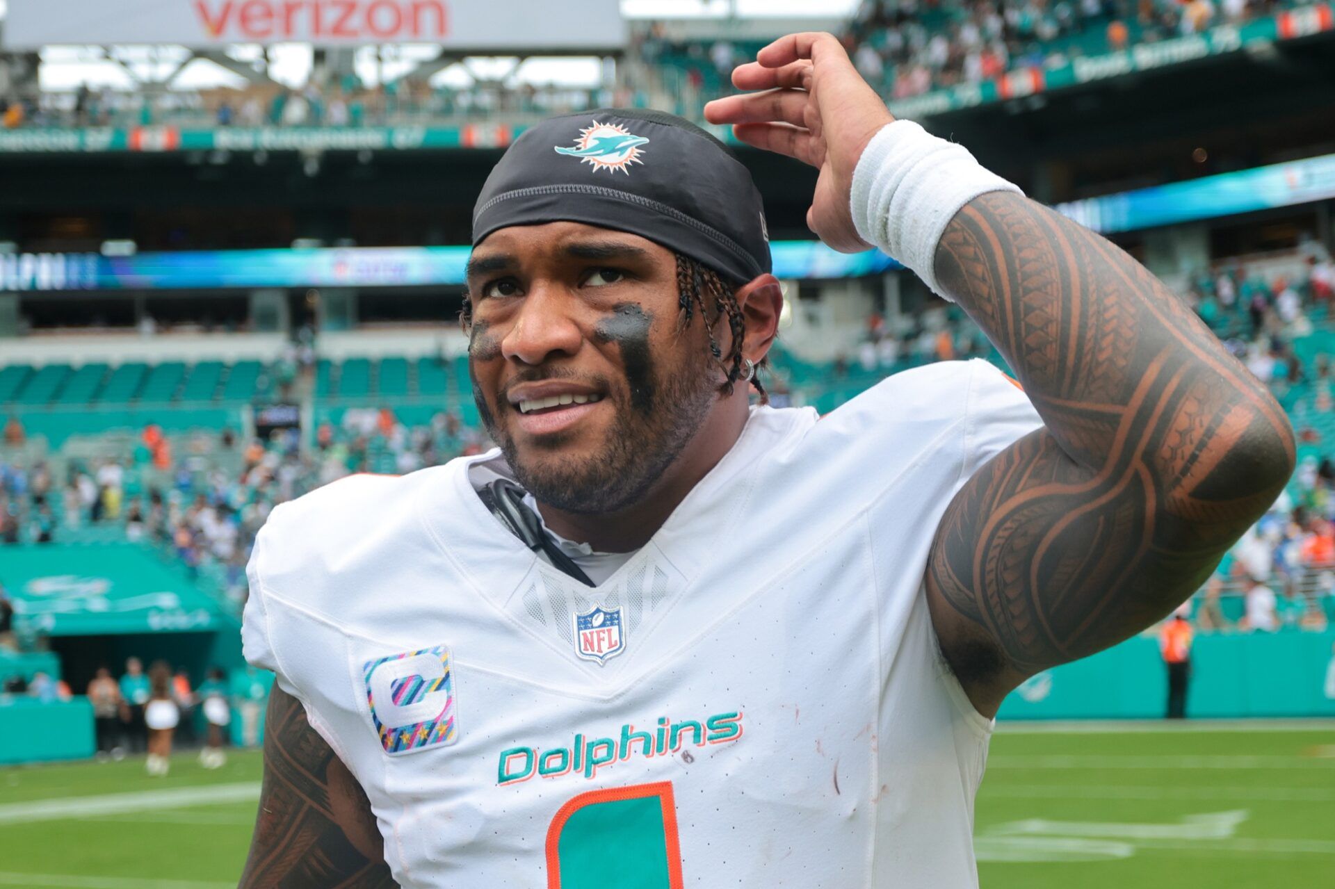 Miami Dolphins quarterback Tua Tagovailoa (1) reacts after the game against the Los Angeles Chargers at Hard Rock Stadium.