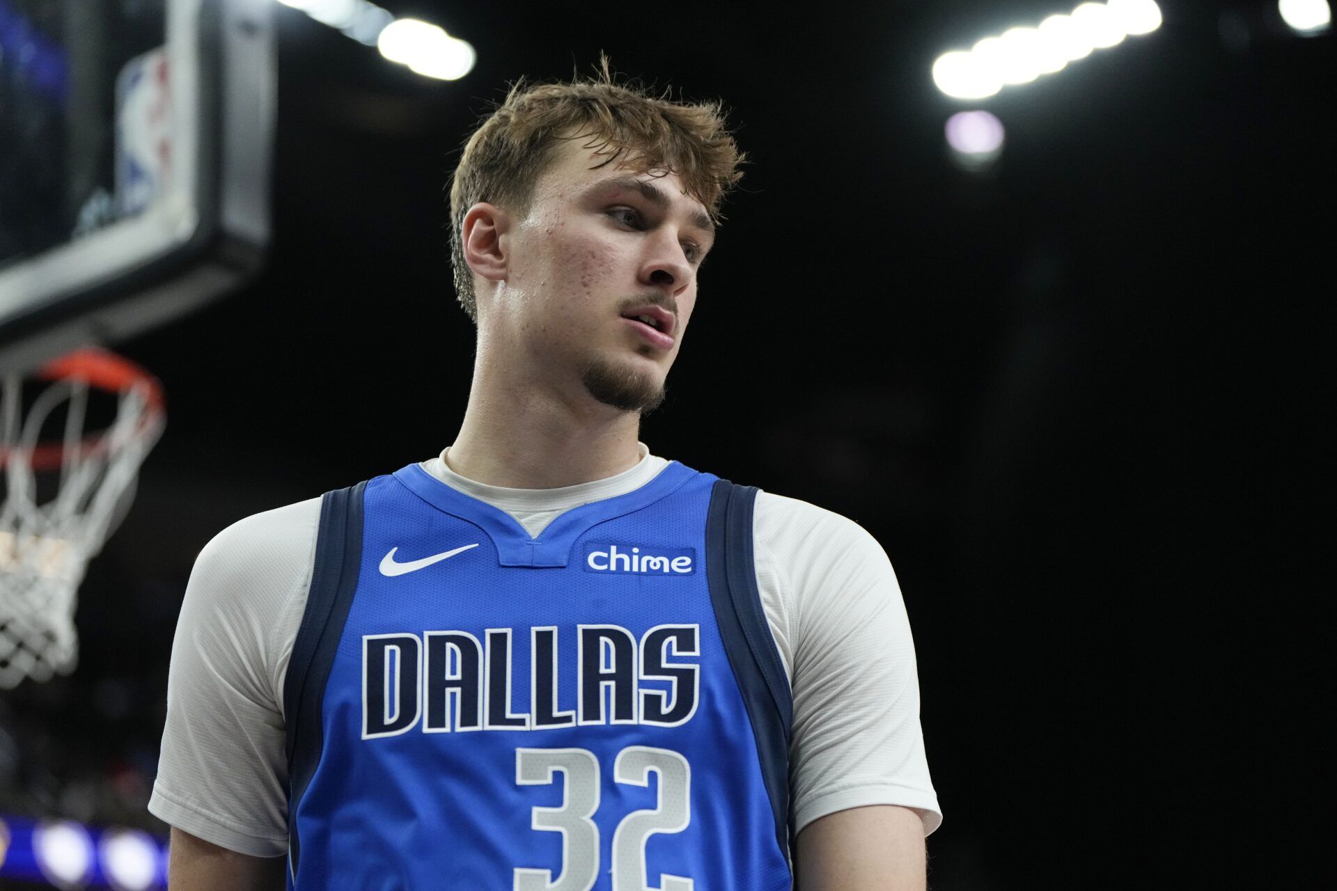 Dallas Mavericks forward Cooper Flagg (32) looks outward during the second half against the Los Angeles Lakers at T-Mobile Arena.