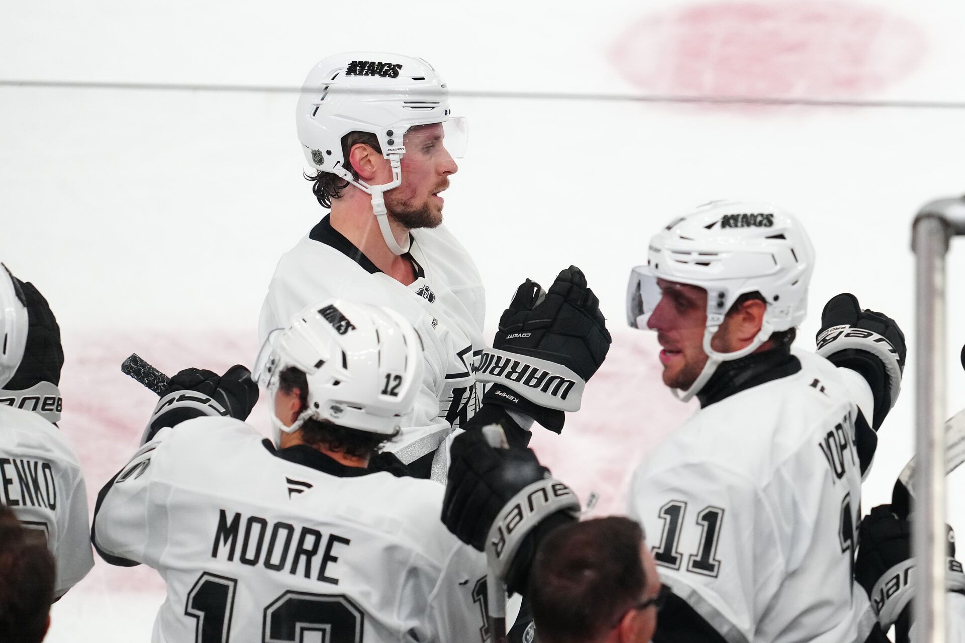 Los Angeles Kings right wing Adrian Kempe (9) celebrates after scoring a goal against the Vegas Golden Knights during a shoot-out at T-Mobile Arena.