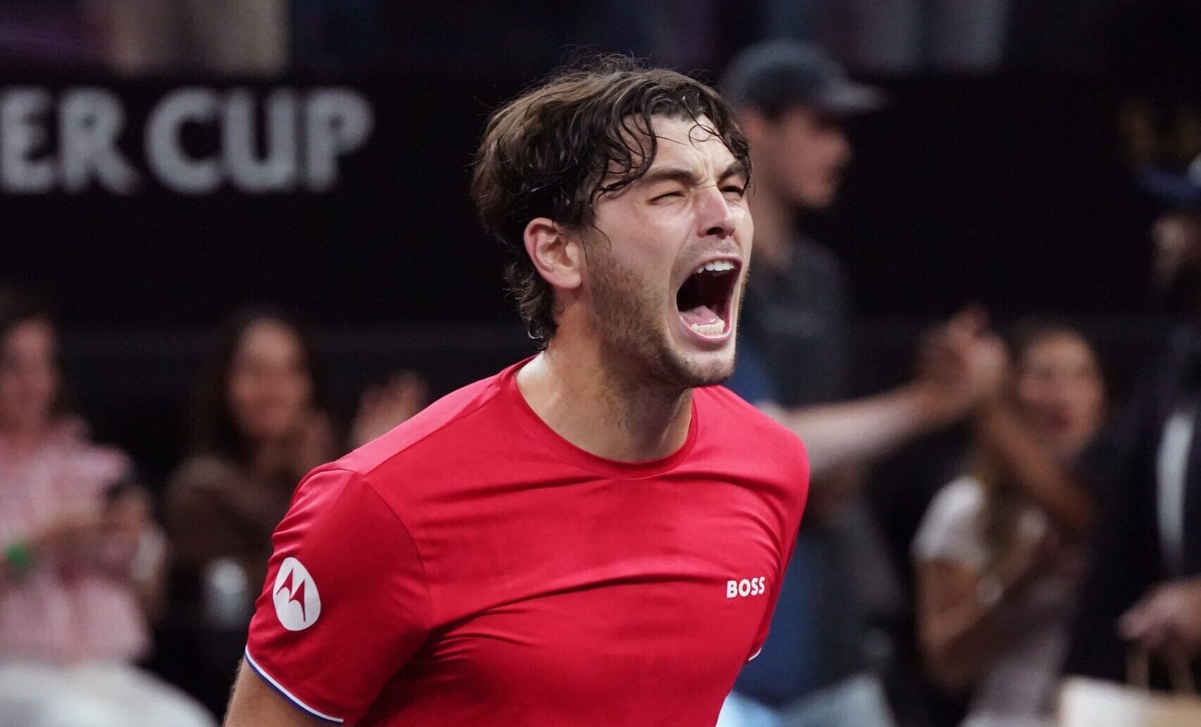 Team World player Taylor Fritz celebrates after his win against Team Europe player Carlos Alcaraz at the Laver Cup at Chase Center.