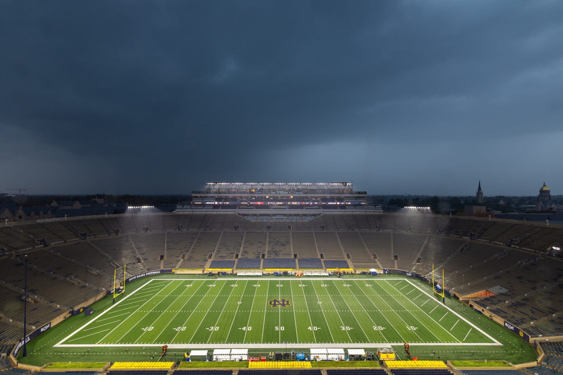 Rain falls as storms move through the area before the start of Notre Dame Fighting Irish vs. Southern California Trojans game at Notre Dame Stadium.