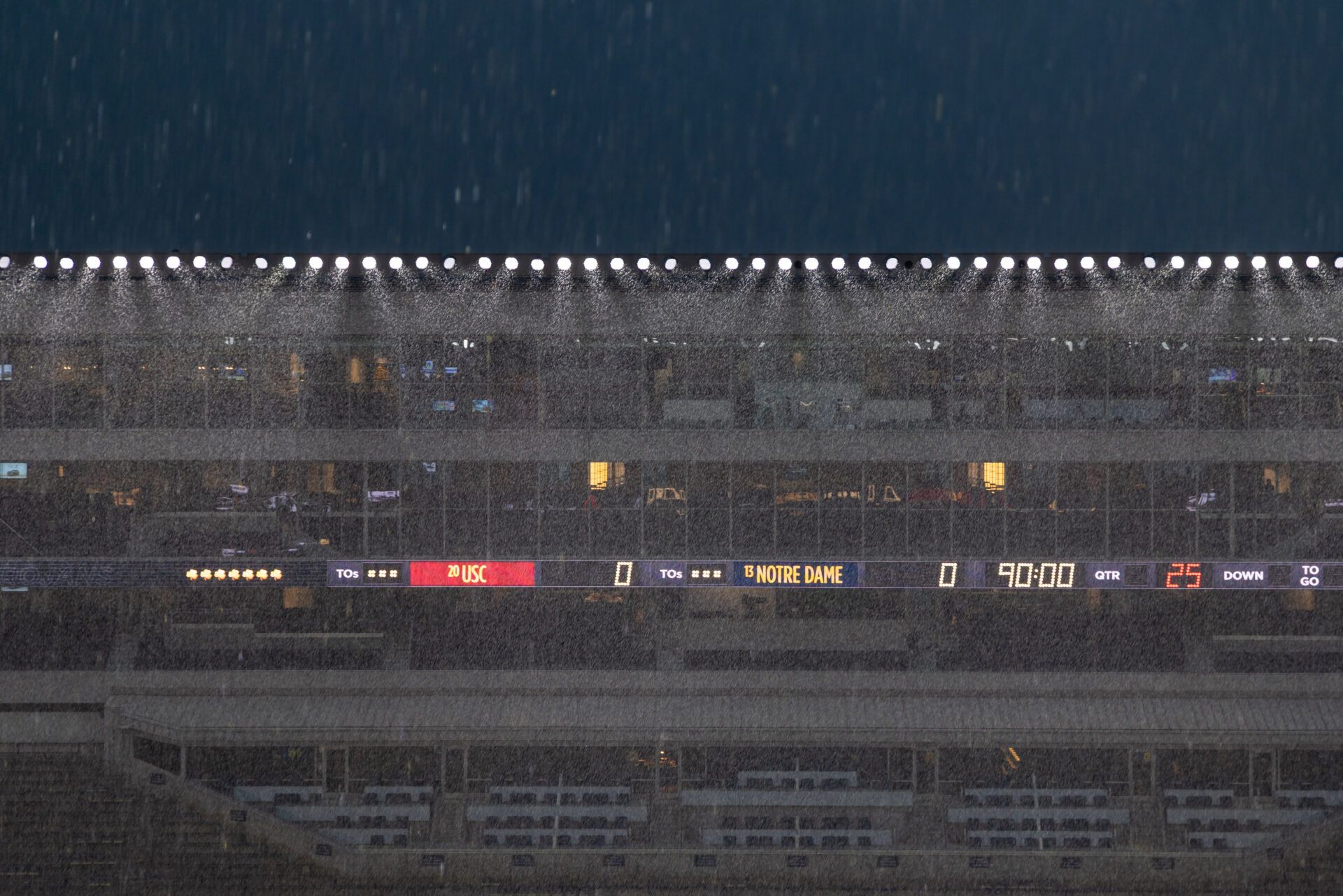 Rain falls before the start of Notre Dame Fighting Irish vs. Southern California Trojans game at Notre Dame Stadium.
