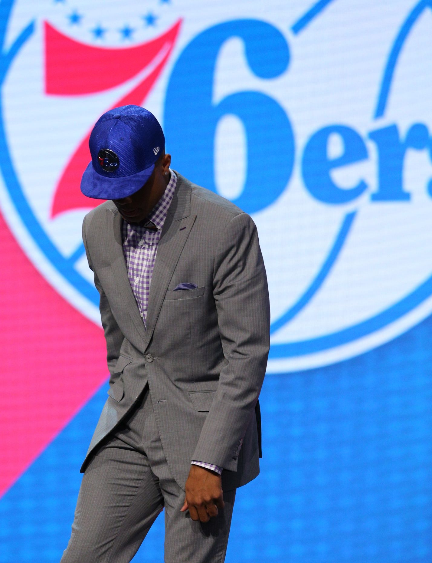 Markelle Fultz (Washington) walks off stage after being introduced as the number one overall pick to the Philadelphia 76ers in the first round of the 2017 NBA Draft at Barclays Center.