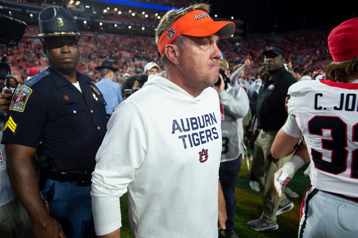Auburn Tigers head coach Hugh Freeze walks off the field after the game as Auburn Tigers take on Georgia Bulldogs at Jordan-Hare Stadium in Auburn, Ala. on Saturday, Oct. 11, 2025. Georgia Bulldogs defeated Auburn Tigers 20-10.