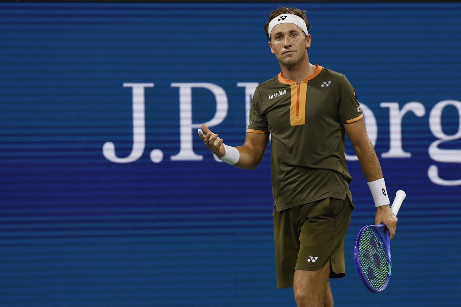 Casper Ruud (NOR) reacts after missing a shot against Sebastian Ofner (GER)(not pictured) on day two of the 2025 US Open tennis tournament at USTA Billie Jean King National Tennis Center.