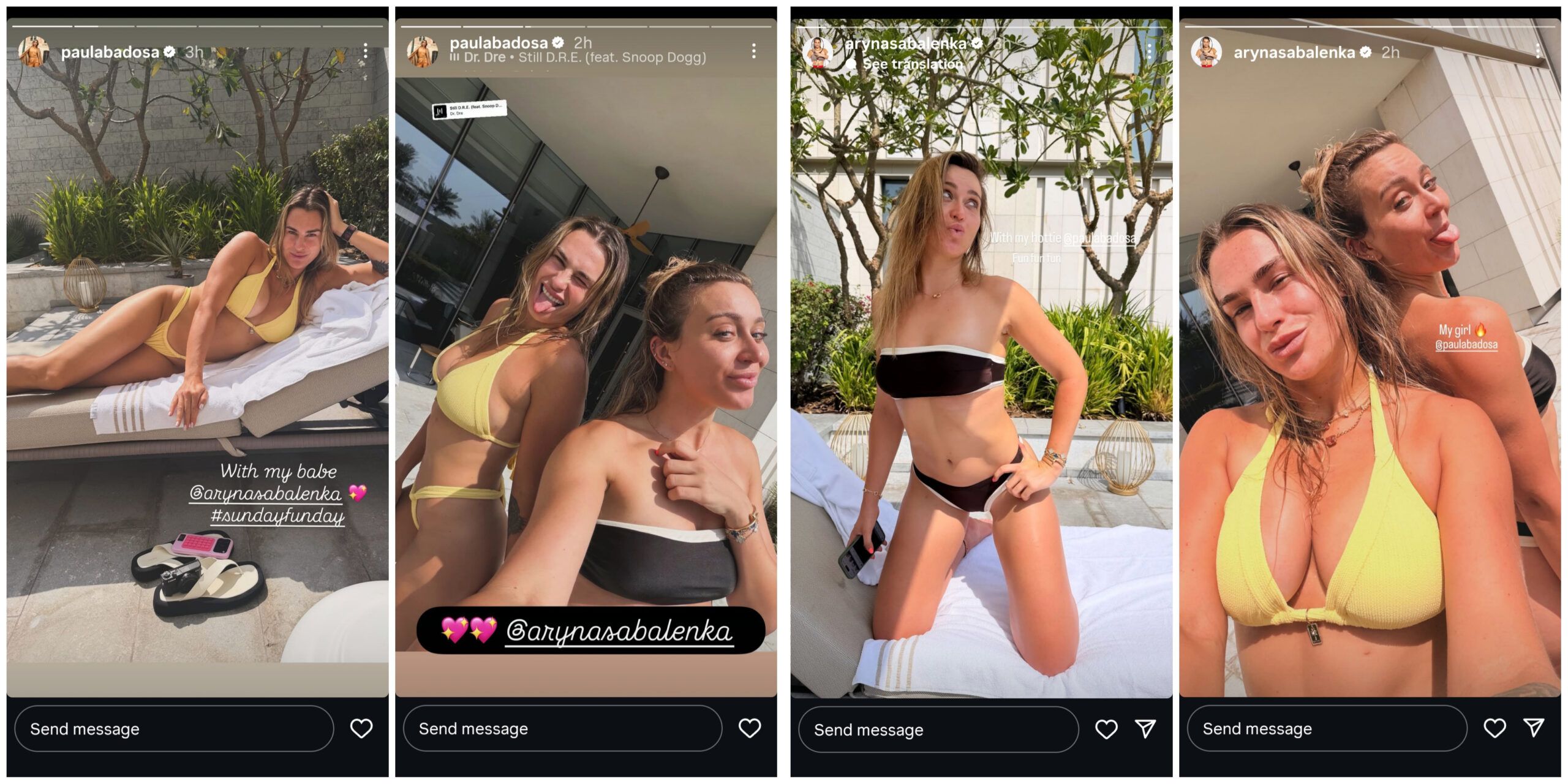 Screen grab of Paula Badosa and Aryna Sabalenka's Instagram stories