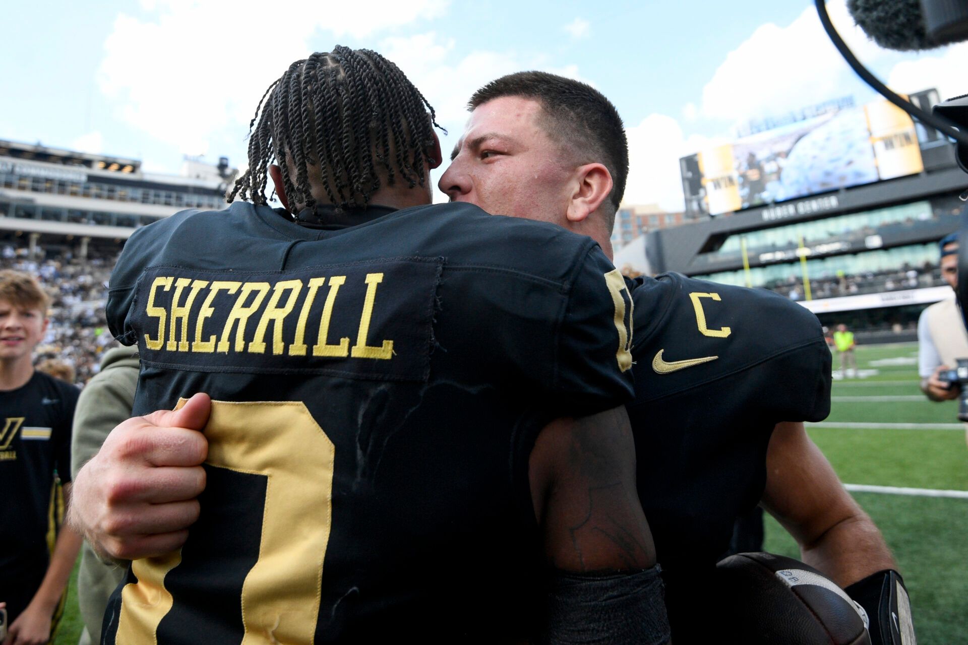Vanderbilt Commodores quarterback Diego Pavia (2) celebrates the win against the Louisiana State Tigers during the second half at FirstBank Stadium.