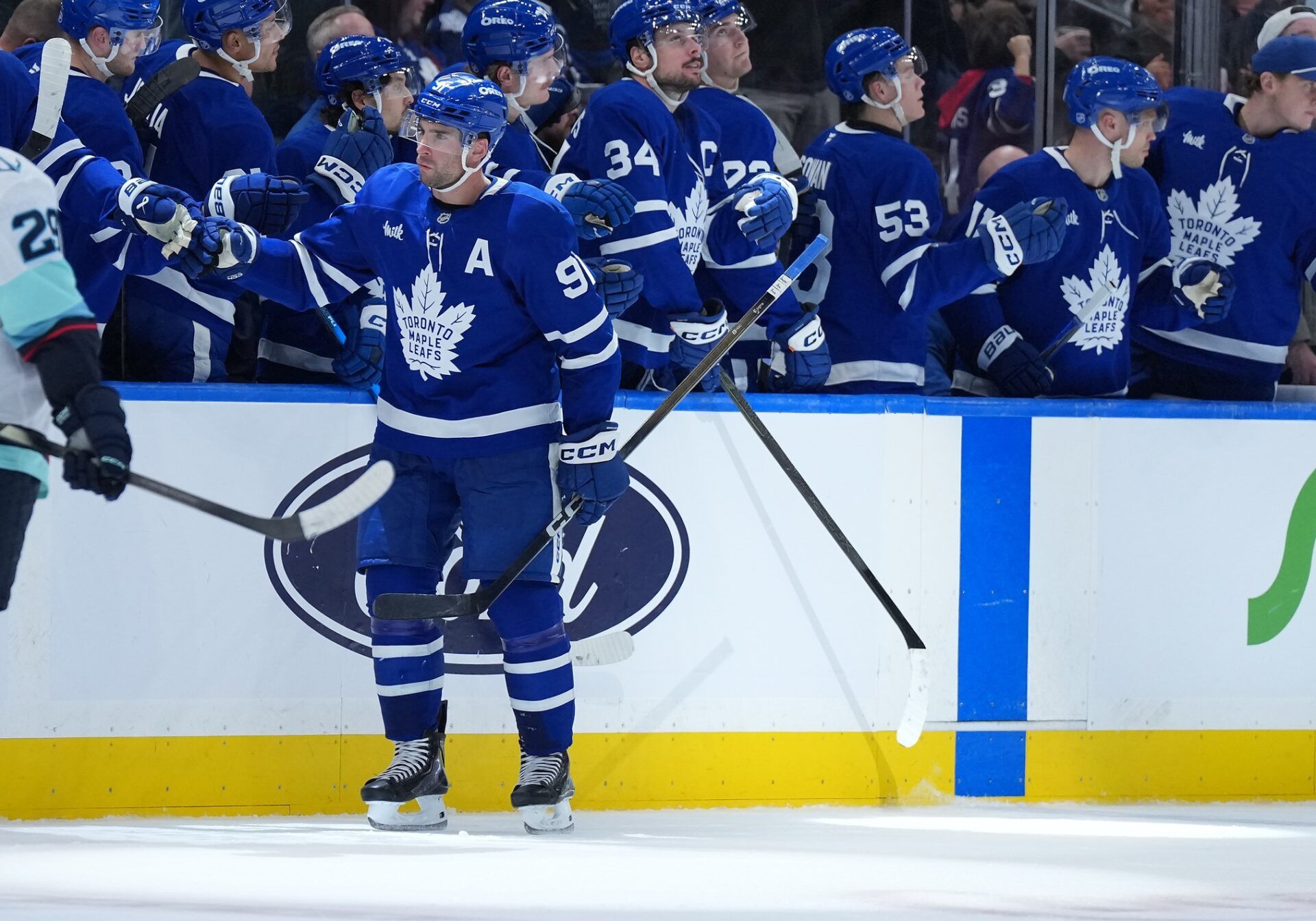 Toronto Maple Leafs center John Tavares (91) celebrates after scoring a goal against the Seattle Kraken during the second period at Scotiabank Arena.