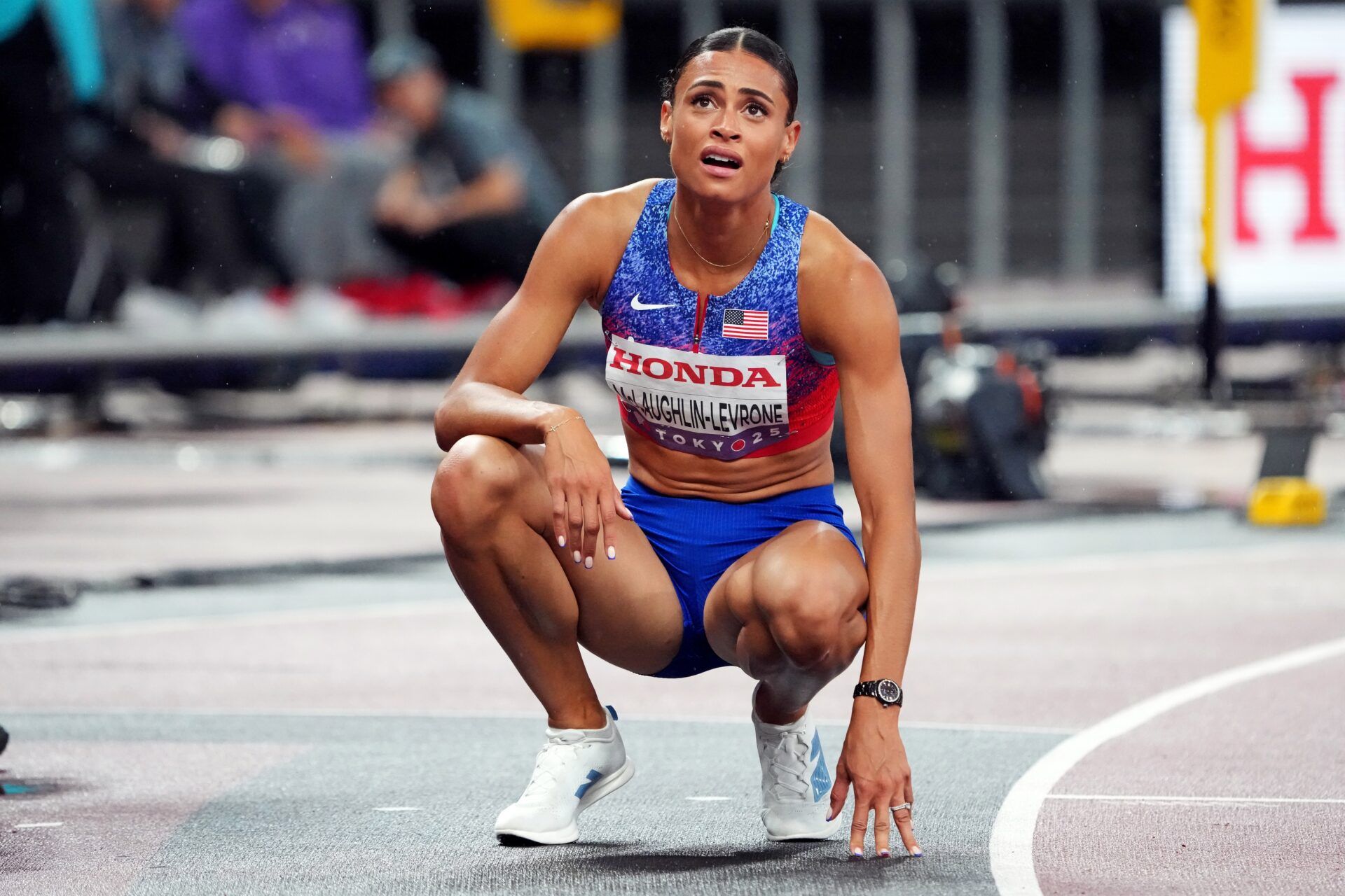Sydney Mclaughlin-Levrone (USA) celebrates after winning the gold medal in the womens 400m during the World Athletics Championships at National Stadium.