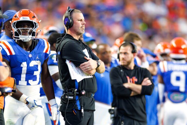 Florida Gators head coach Billy Napier looks on against the Mississippi State Bulldogs during the second half at Ben Hill Griffin Stadium.