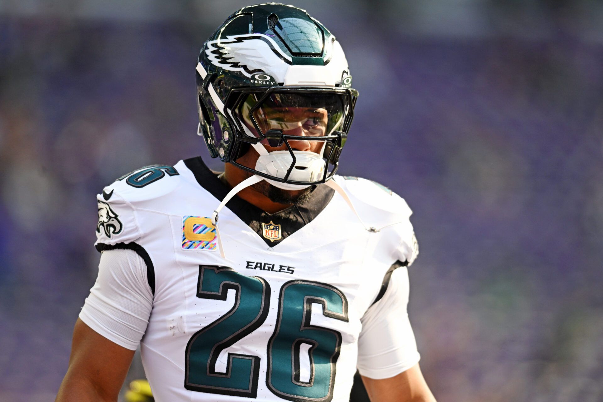 Philadelphia Eagles running back Saquon Barkley (26) warms up before the game against the Minnesota Vikings at U.S. Bank Stadium.