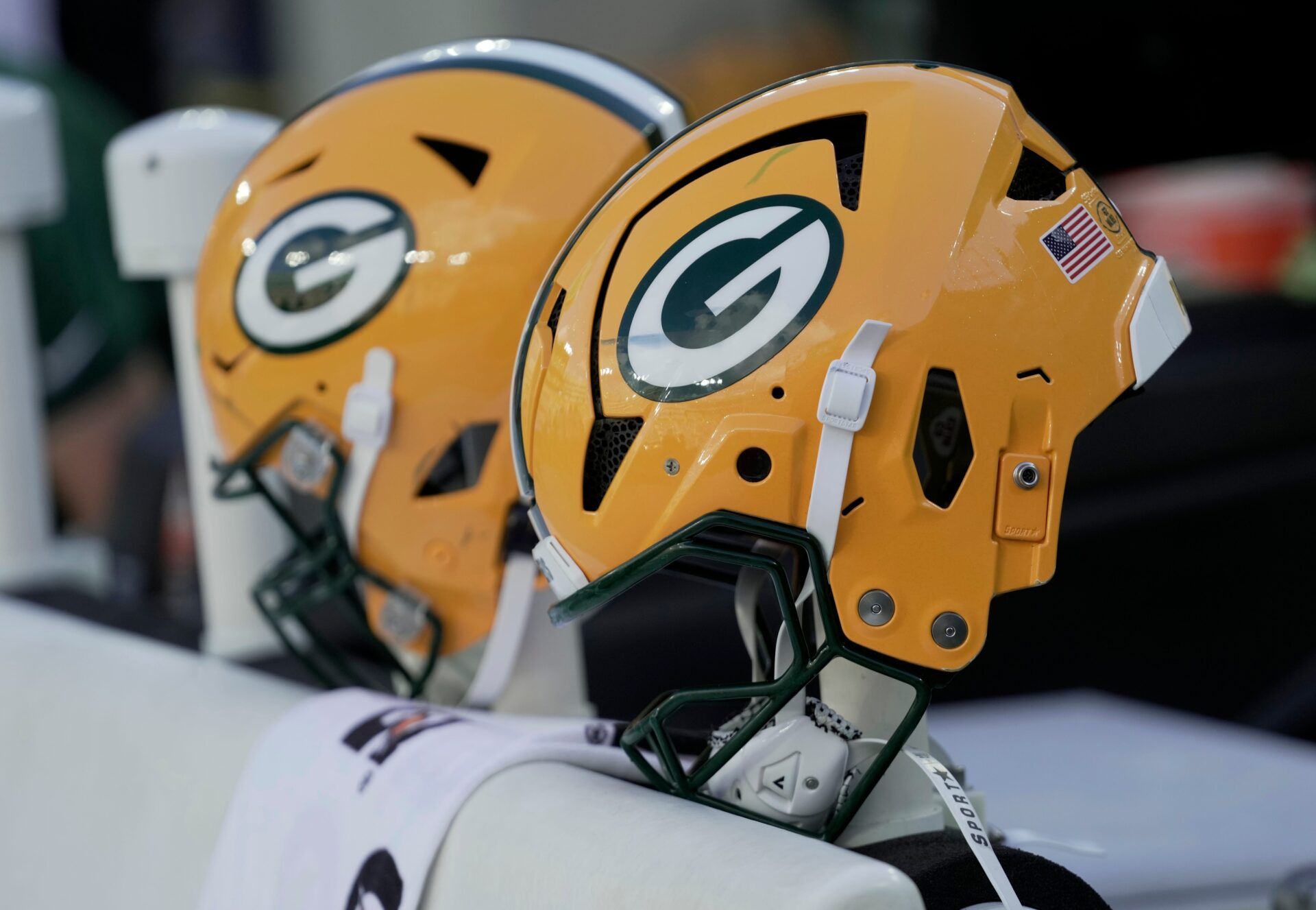 Helmets are shown during the fourth quarter of their preseason game Saturday, August 23, 2025 at Lambeau Field in Green Bay, Wisconsin. The Green Bay Packers beat the Seattle Seahawks 20-7.
