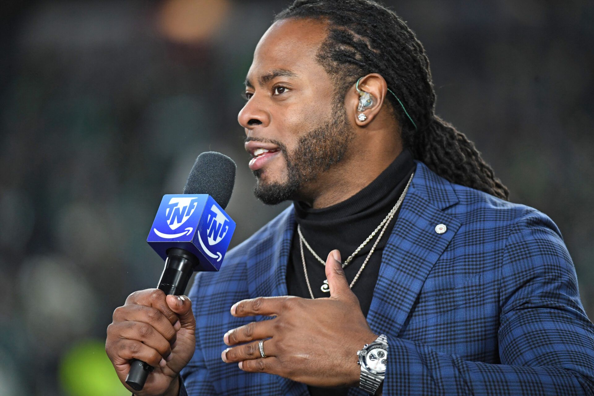 Thursday Night Football announce Richard Sherman during pregame show between Philadelphia Eagles and Washington Commanders at Lincoln Financial Field.
