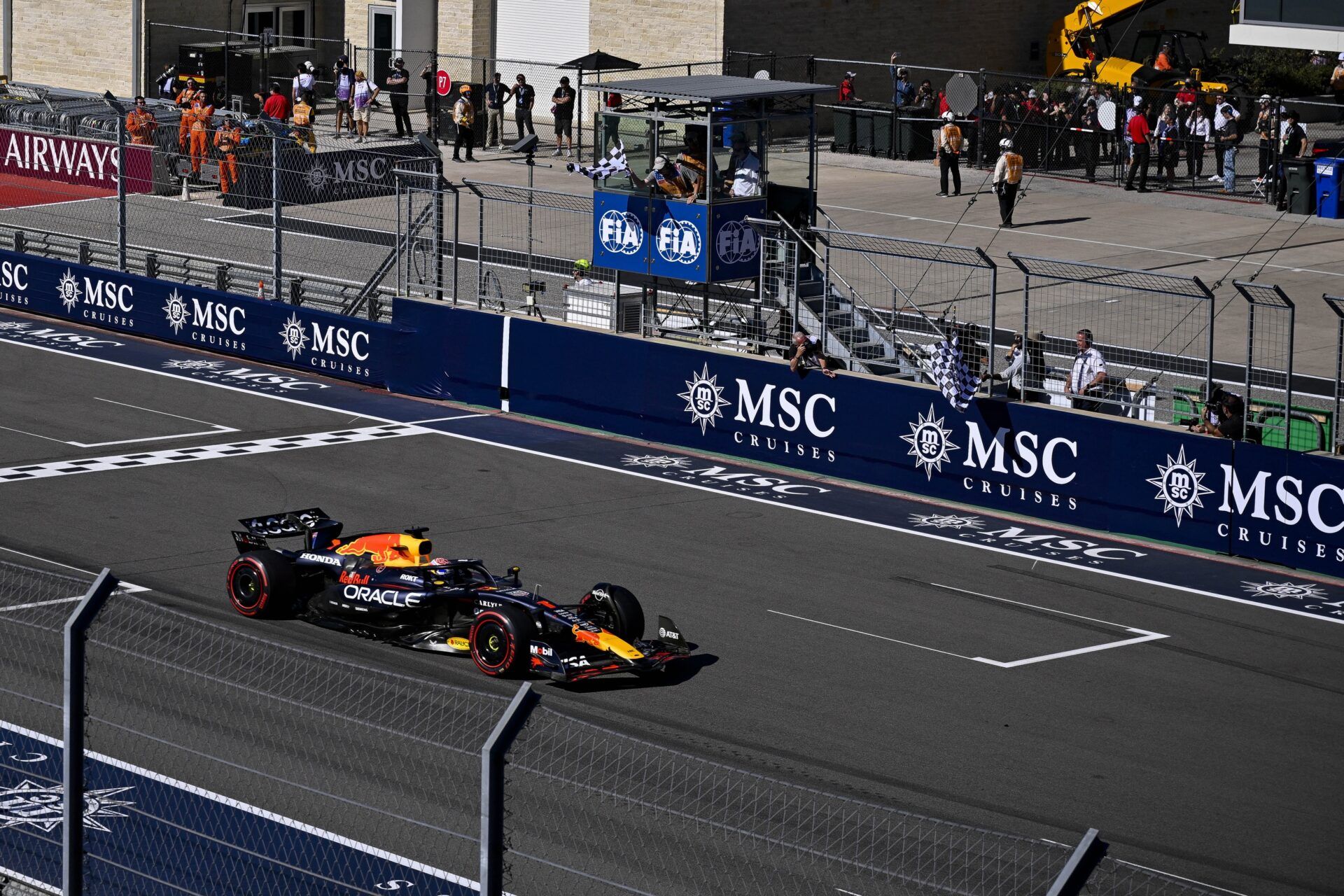 Oracle Red Bull Racing driver Max Verstappen (1) of Team Netherlands crosses the finish line to win the 2025 US Grand Prix at Circuit of The Americas Austin.