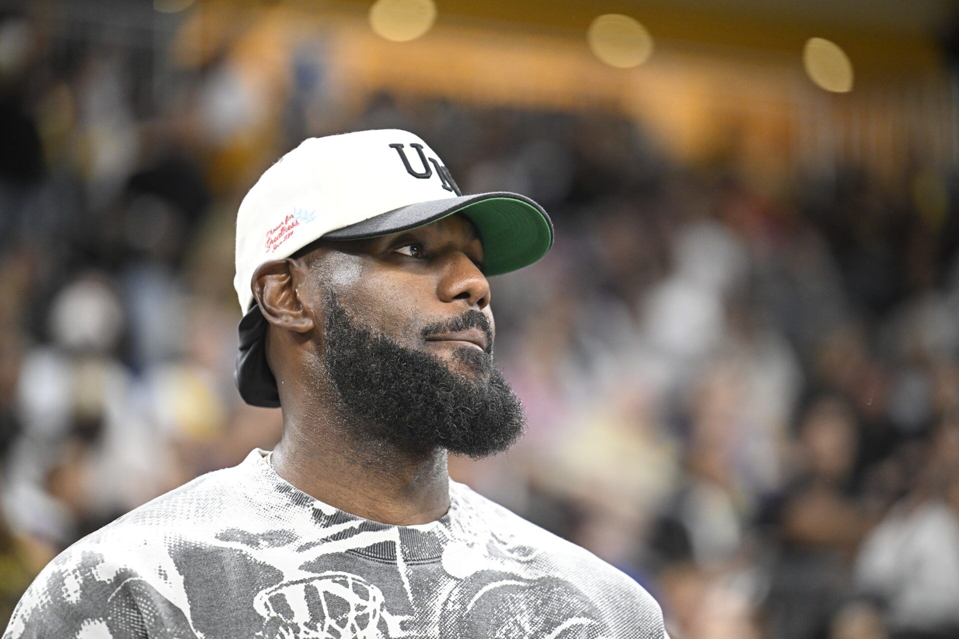 Lebron James looks on during the first half against the Phoenix Suns at Acrisure Arena.
