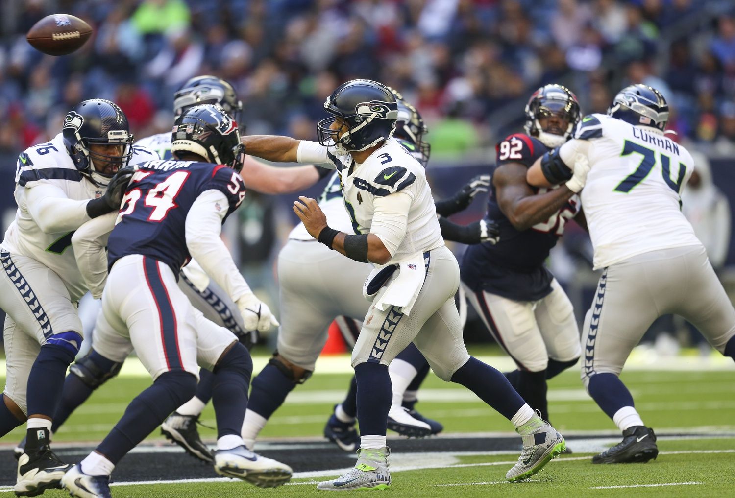 Seattle Seahawks quarterback Russell Wilson (3) passes against the Houston Texans in the second half at NRG Stadium.