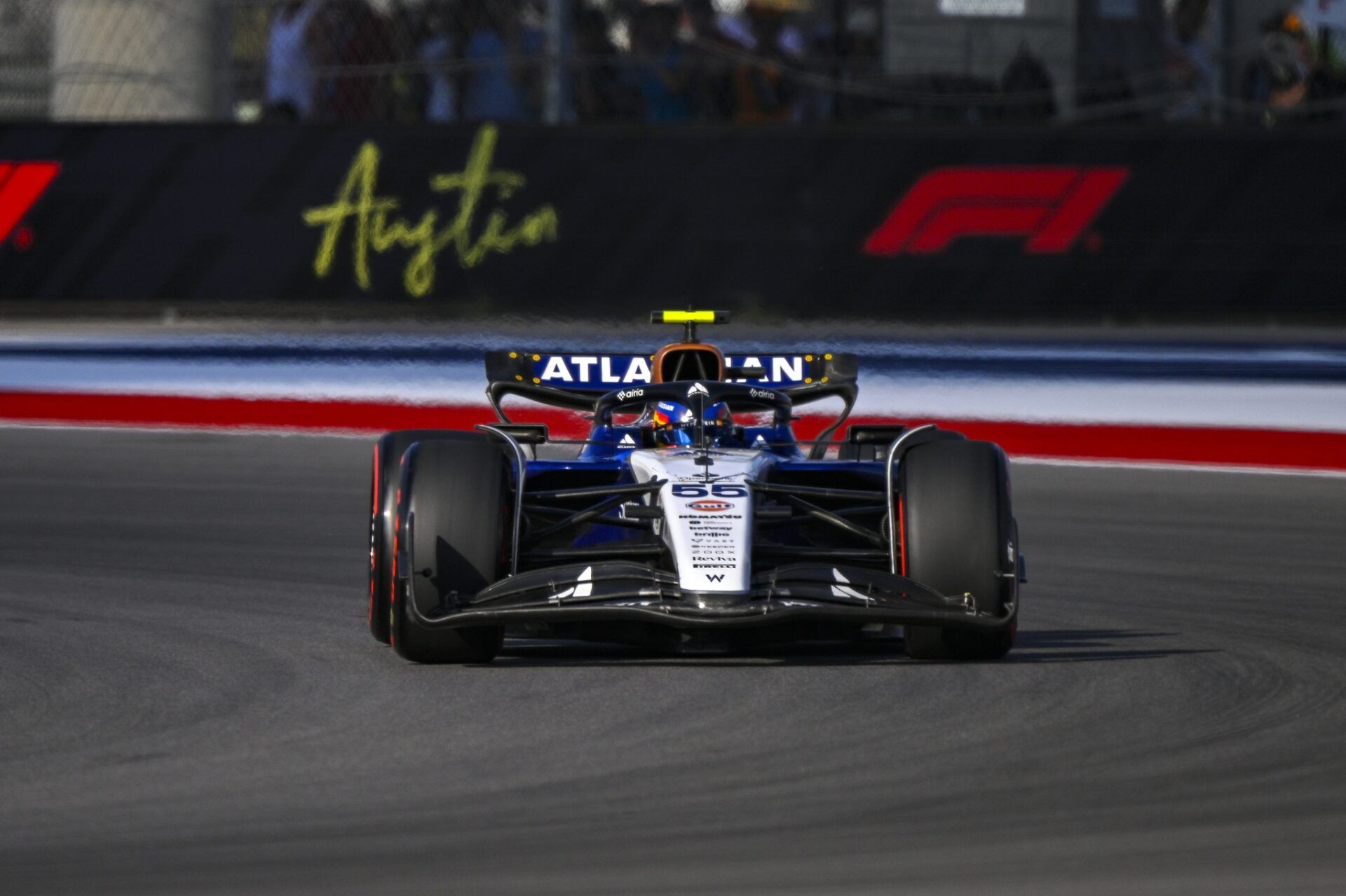 Atlassian Williams driver Carlos Sainz (55) of Team Spain drives during the qualifying session for the 2025 US Grand Prix Sprint race at Circuit of The Americas Austin.