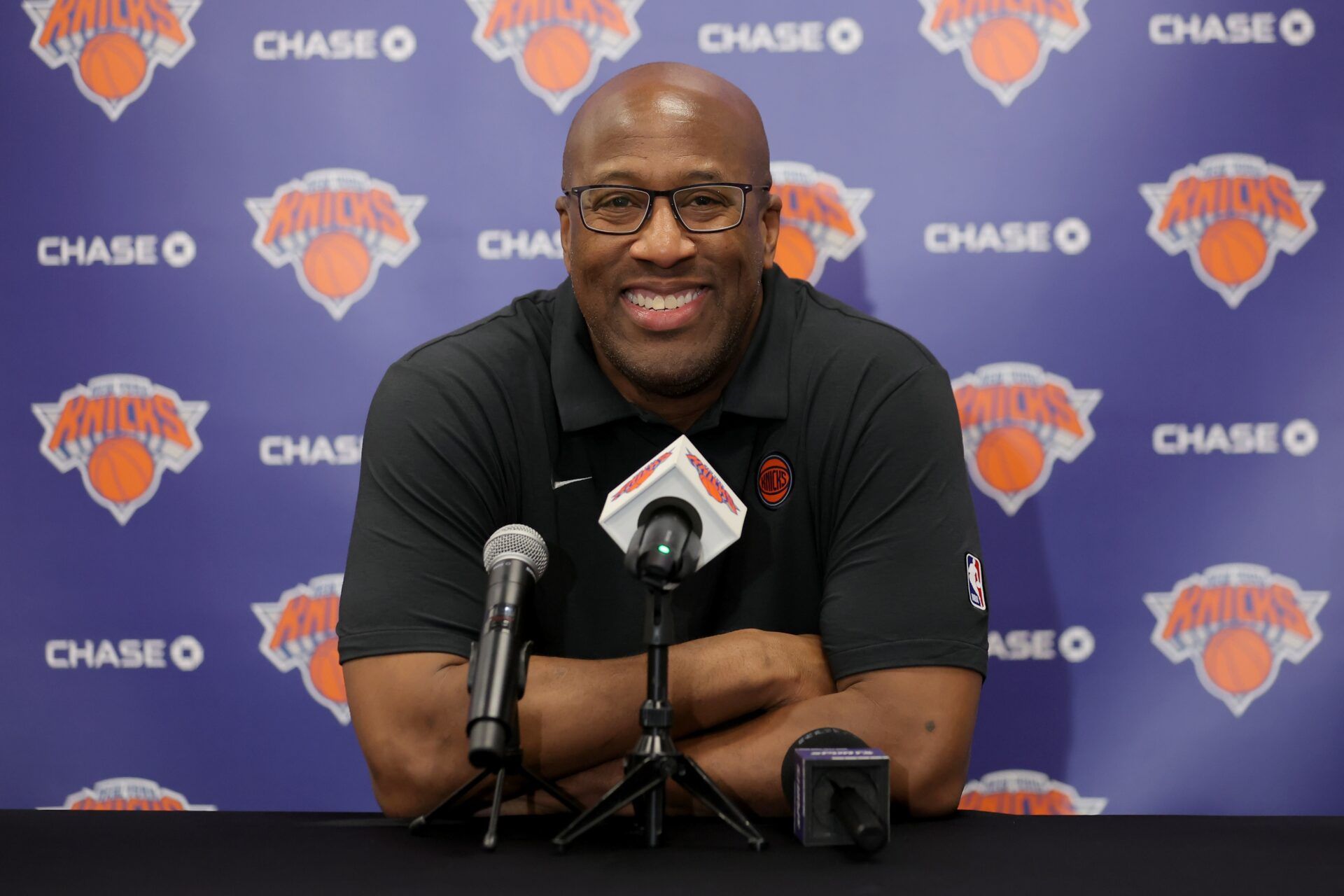 New York Knicks head coach Mike Brown speaks to the media during a media day press conference at the Madison Square Garden training center.