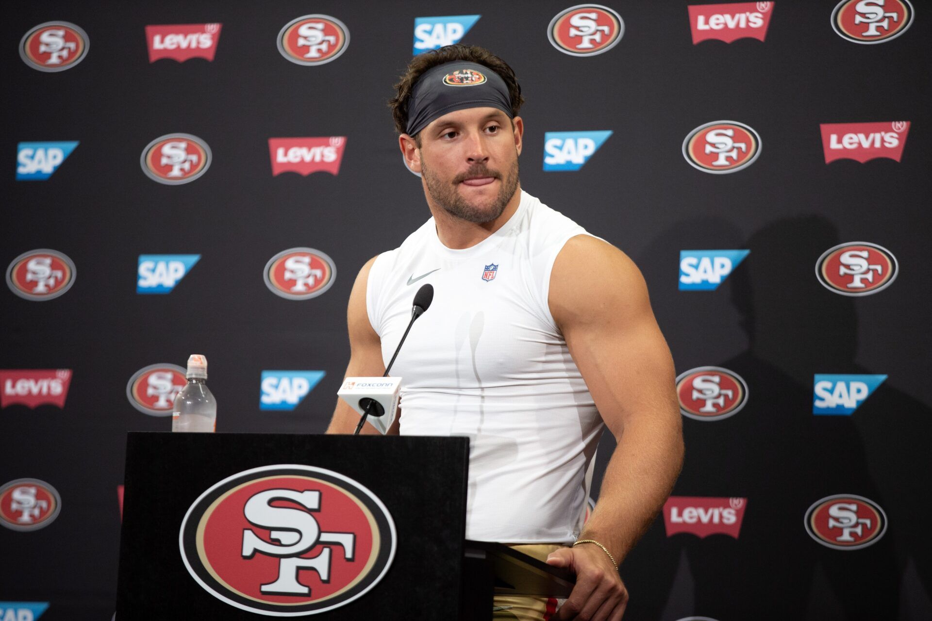 San Francisco 49ers defensive end Nick Bosa answers questions from reporters following the first day of training camp at SAP Performance Facility.