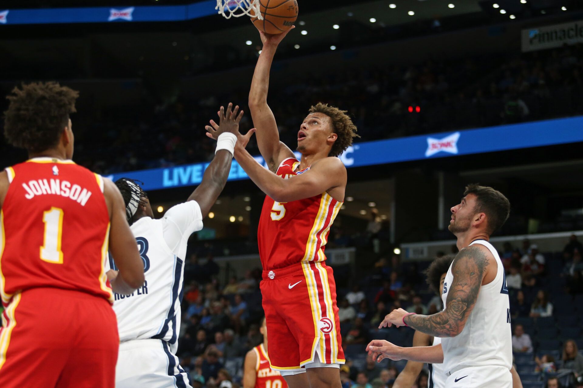 Atlanta Hawks guard Dyson Daniels (5) shoots during the second quarter against the Memphis Grizzlies at FedExForum.