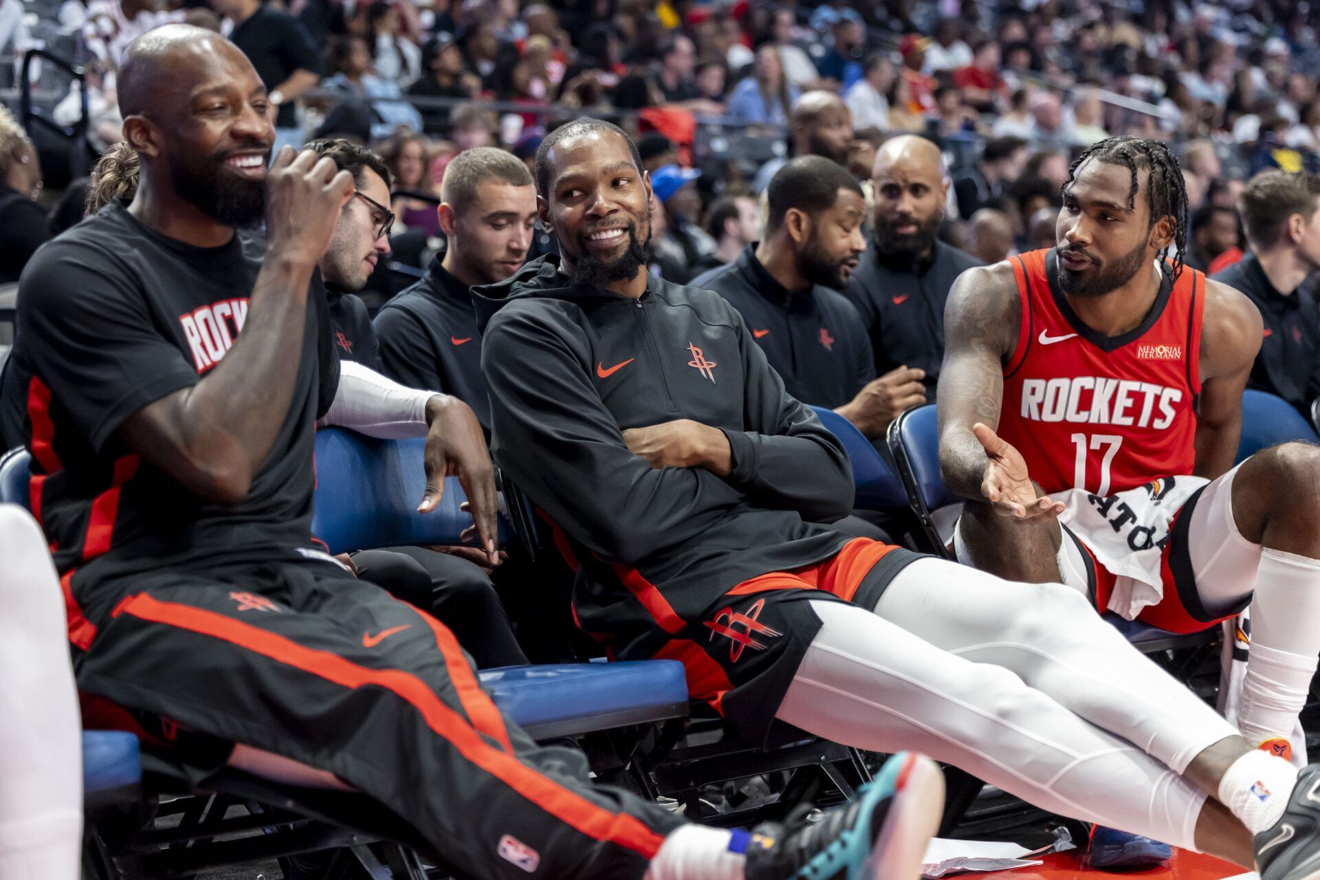 Houston Rockets forward Jeff Green and Houston Rockets forward Kevin Durant (7) and Houston Rockets forward Tari Eason (17) share a moment on the bench during the second half of an NBA preseason game against the New Orleans Pelicans at Legacy Arena at BJCC.
