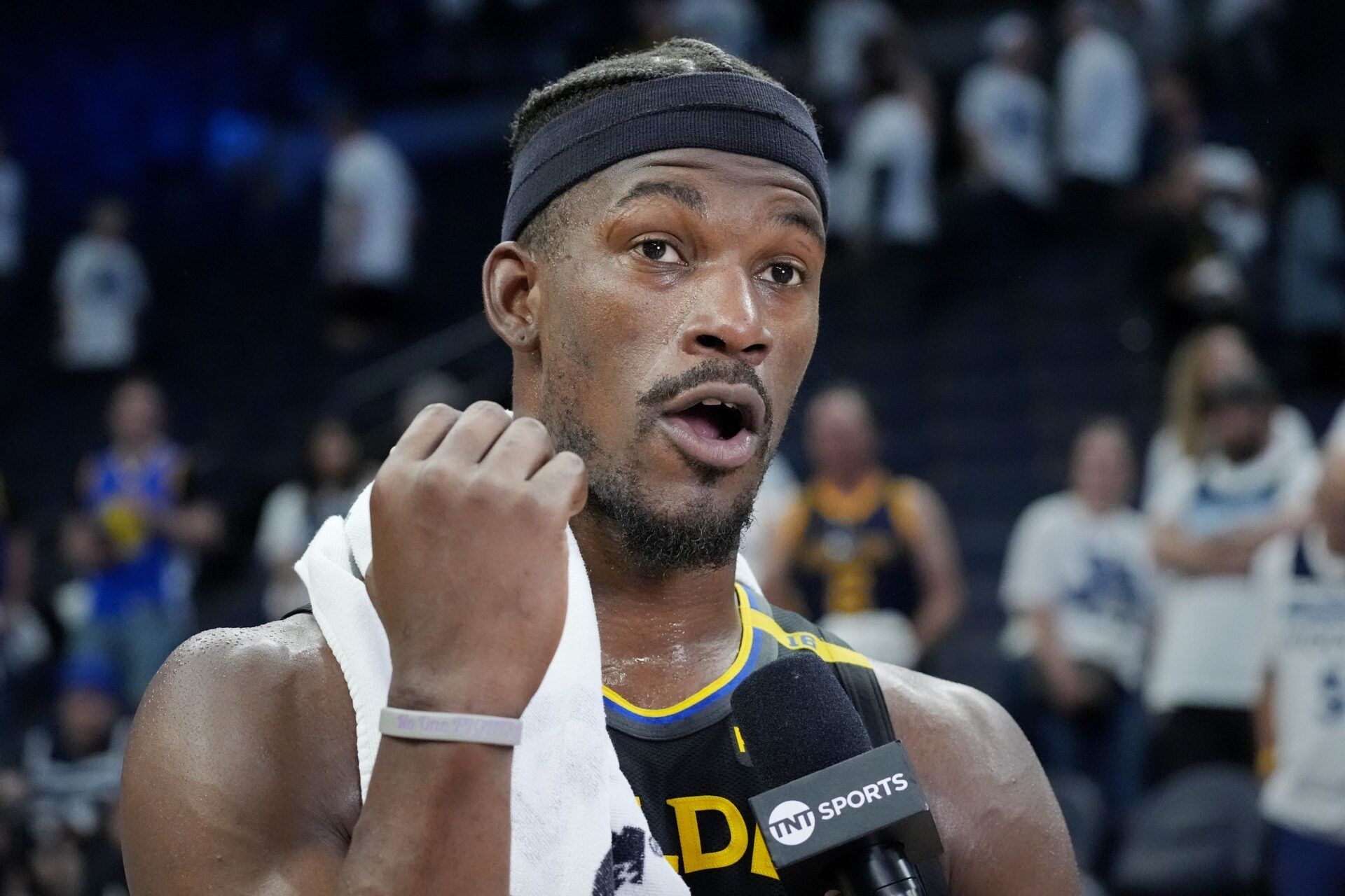 Golden State Warriors forward Jimmy Butler (10) conducts an interview after defeating the Minnesota Timberwolves during game one of the second round for the 2025 NBA Playoffs at Target Center.