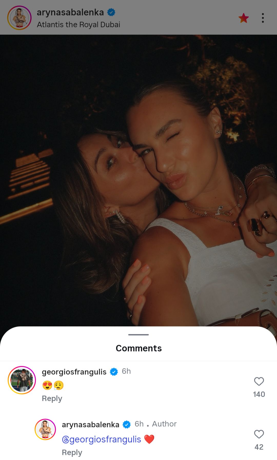 Screen grab of Aryna Sabalenka's boyfriend Georgios Frangulis' comment