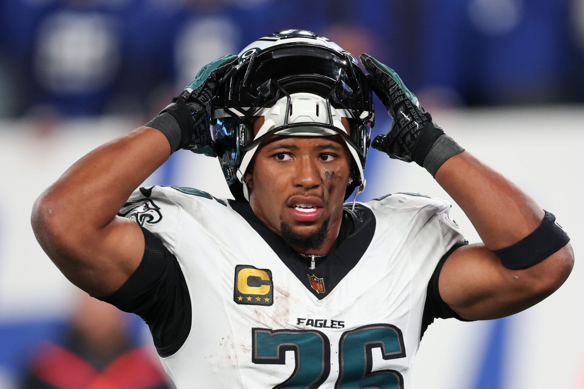 Philadelphia Eagles running back Saquon Barkley (26) looks on during the second quarter of the game against the New York Giants at MetLife Stadium.