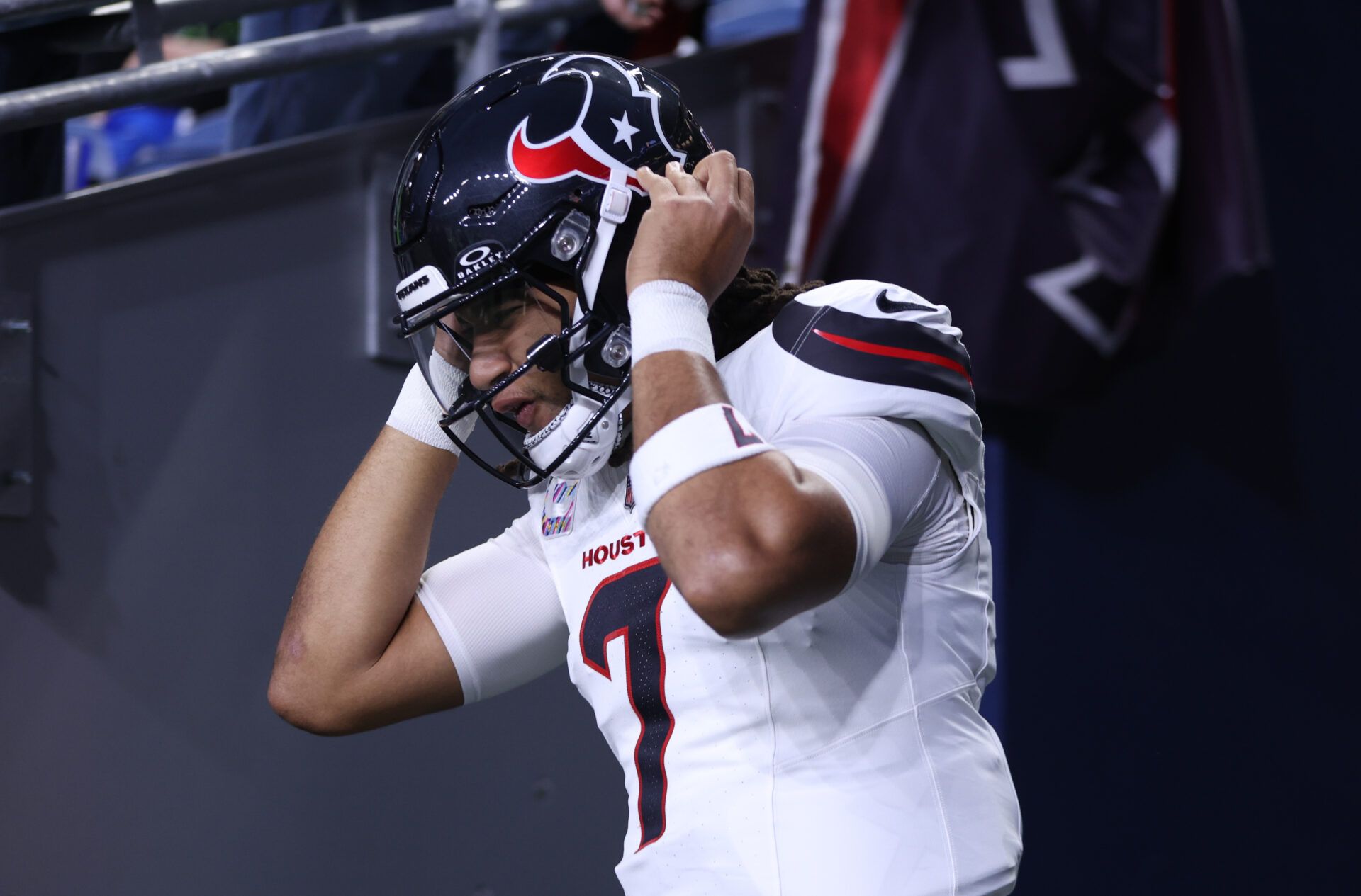 Houston Texans quarterback C.J. Stroud (7) runs onto the field for warmups prior to the game against the Seattle Seahawks at Lumen Field.