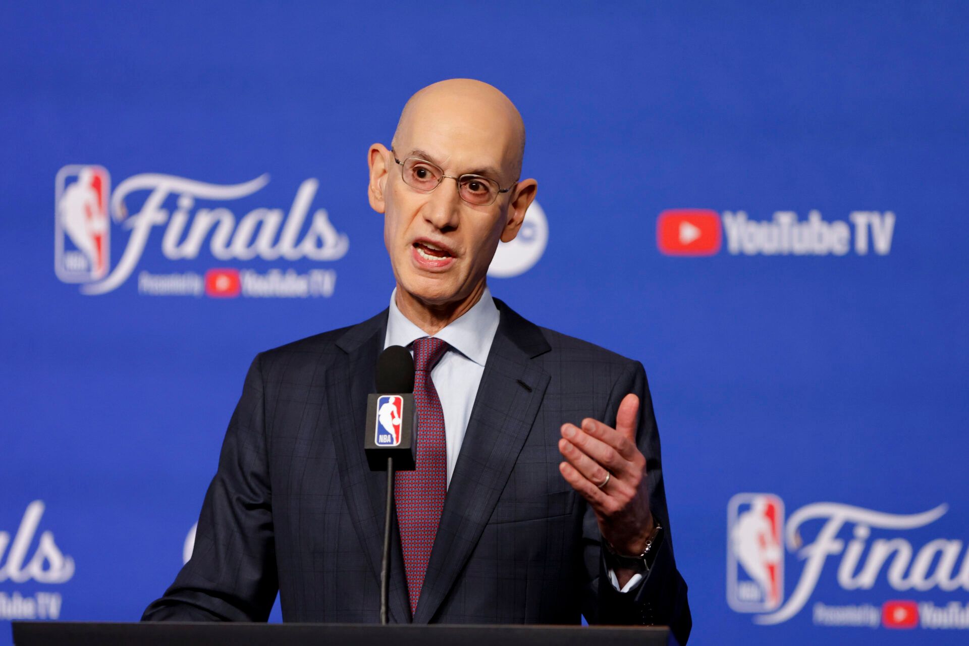 NBA commissioner Adam Silver speaks to the media before game one between the Oklahoma City Thunder and the Indiana Pacers in the 2025 NBA Finals at Paycom Center.