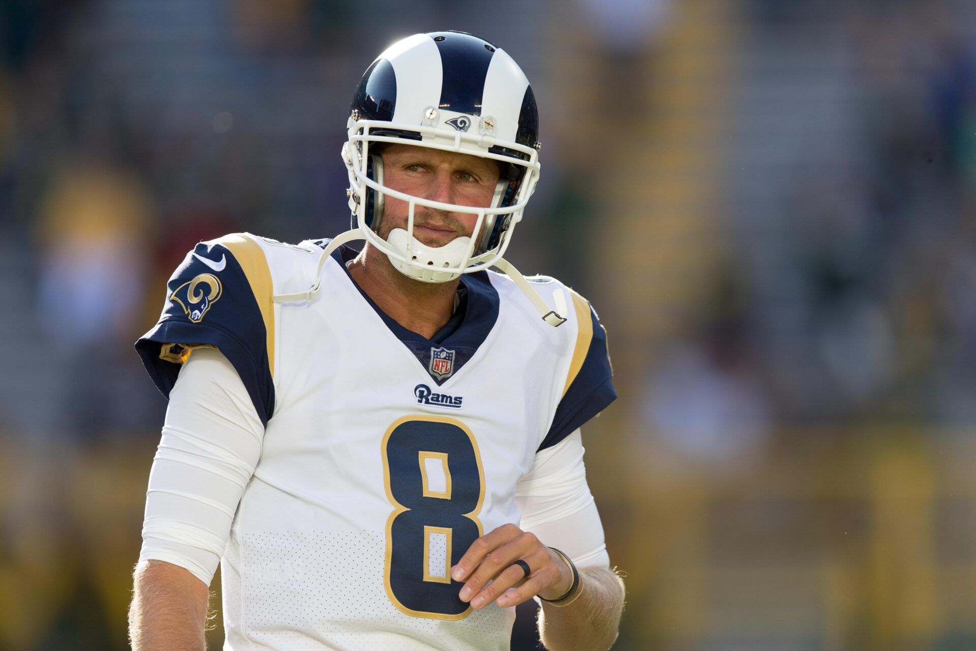 Los Angeles Rams quarterback Dan Orlovsky (8) during warmups prior to the game against the Green Bay Packers at Lambeau Field.