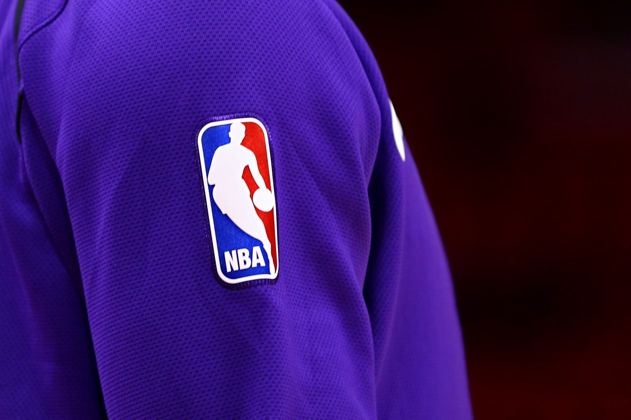 A view of the official NBA logo worn by a member of the Sacramento Kings in the game against the Detroit Pistons at Little Caesars Arena.