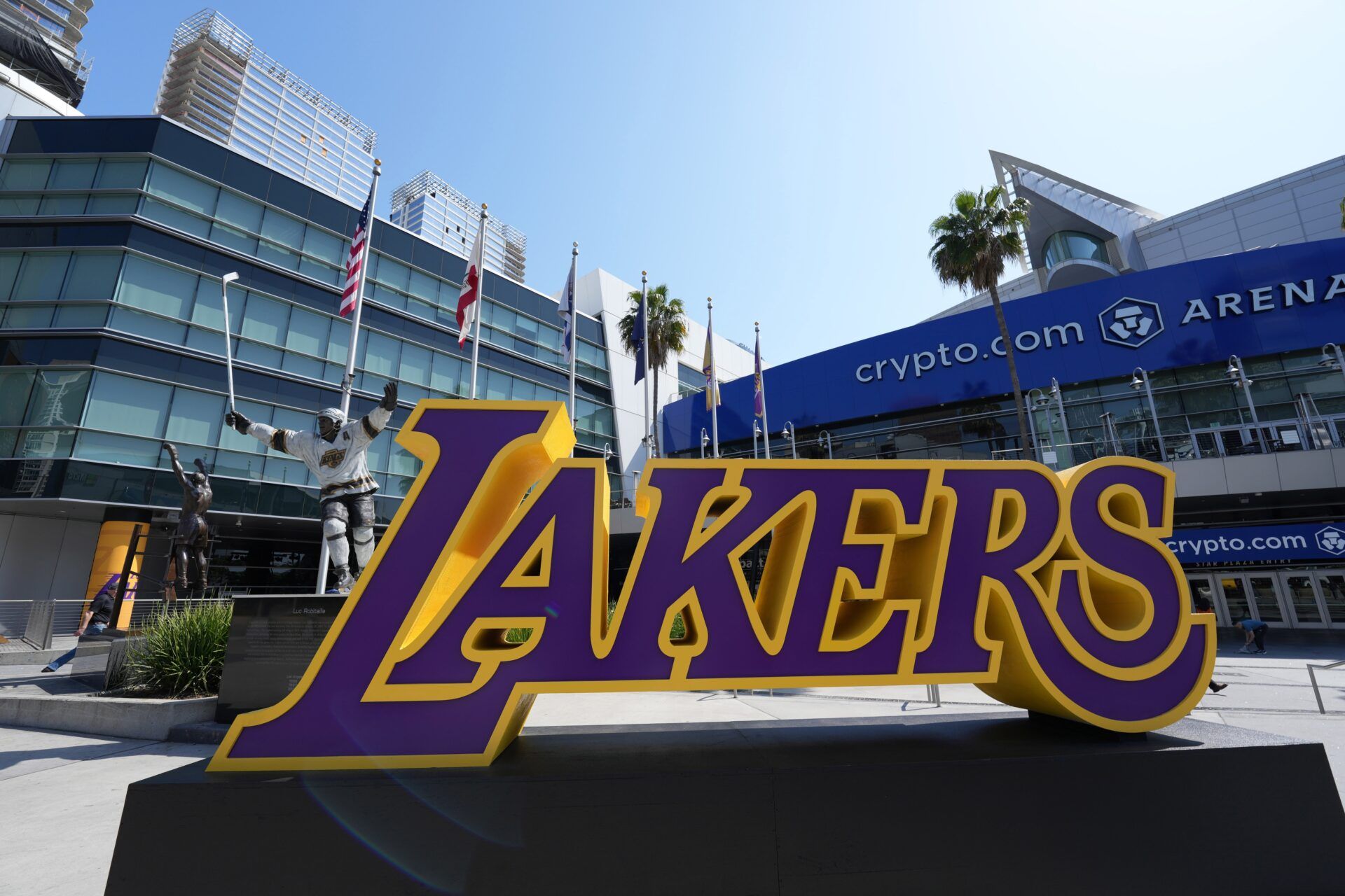 A general overall view of the Los Angeles Lakers logo at the Crypto.com Arena during game four of the 2023 NBA playoffs.