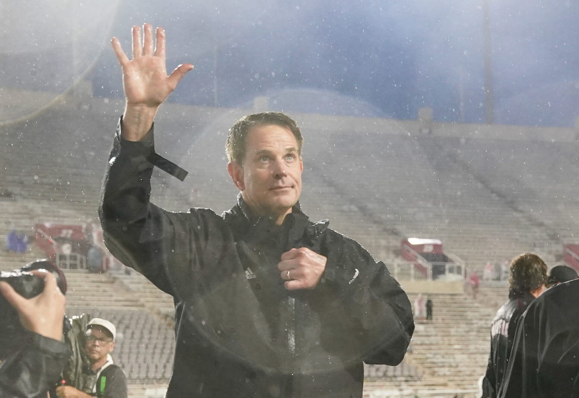 Indiana Hoosiers head coach Curt Cignetti waves to the fans after the game against the Michigan State Spartans at Memorial Stadium.