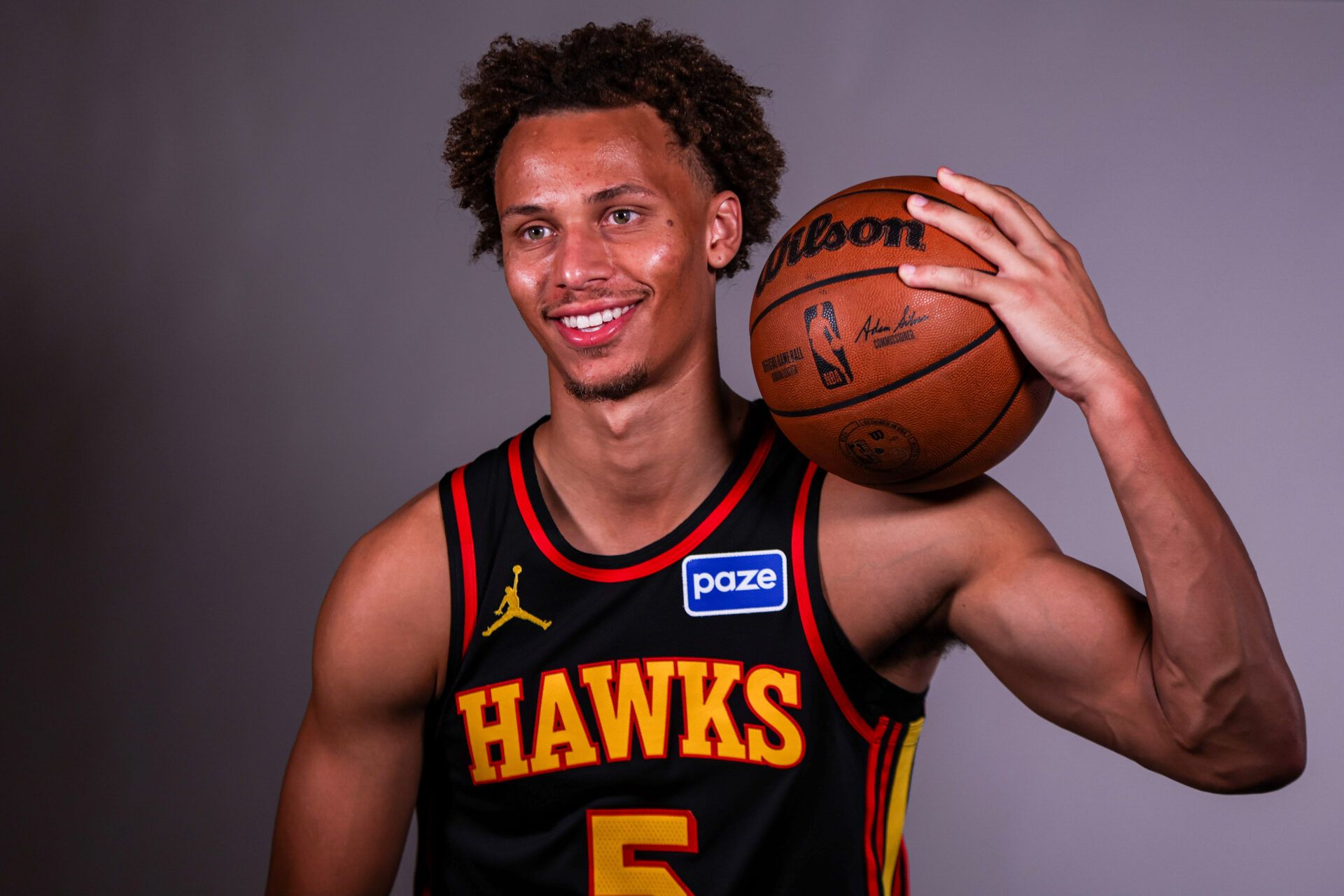 Atlanta Hawks guard Dyson Daniels (5) poses for a photo at media day.