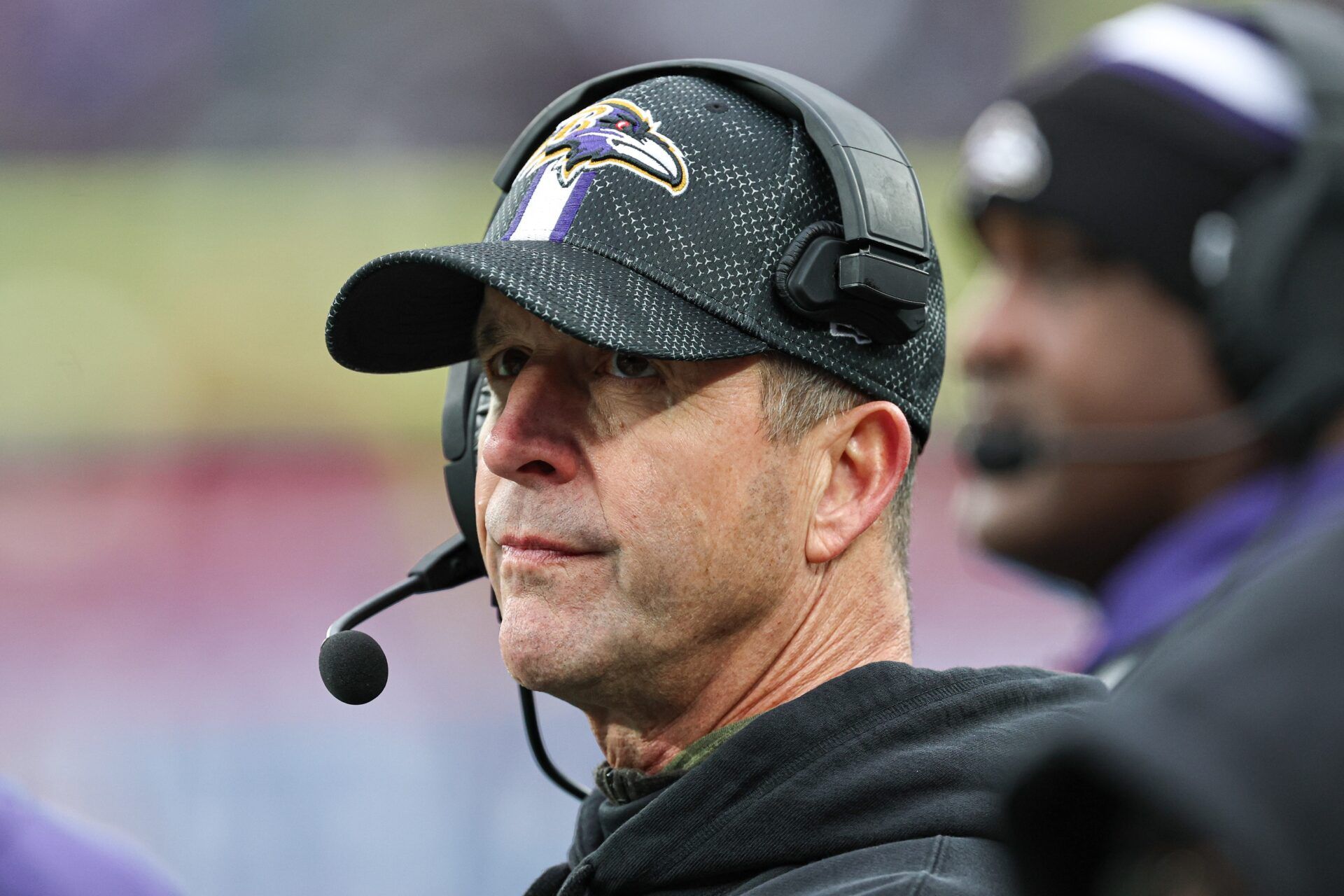Baltimore Ravens head coach John Harbaugh looks on during the second half against the New York Giants at MetLife Stadium.
