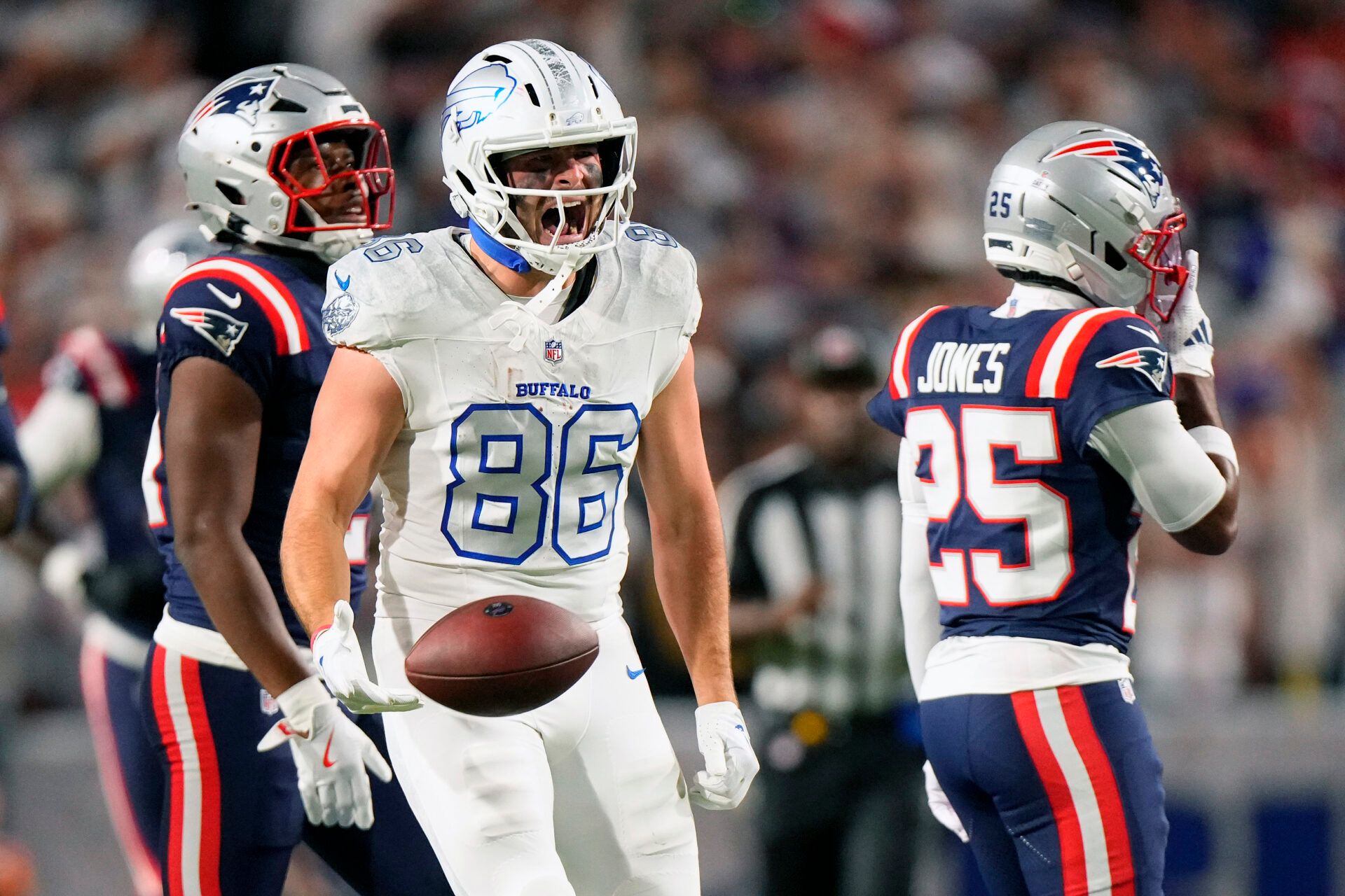 Buffalo Bills tight end Dalton Kincaid (86) reacts after a catch against the New England Patriots during the first half at Highmark Stadium.