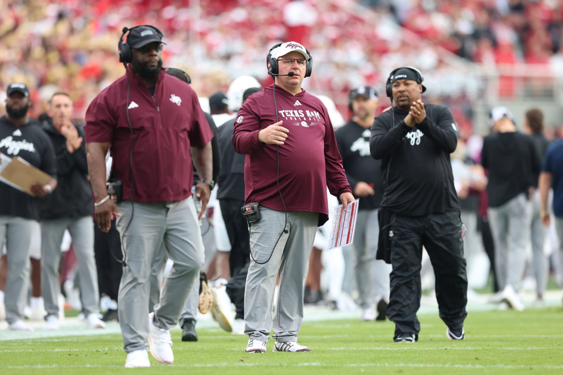 Texas A&M Aggies head coach Mike Elko during the first quarter against the Arkansas Razorbacks at Donald W. Reynolds Razorback Stadium.