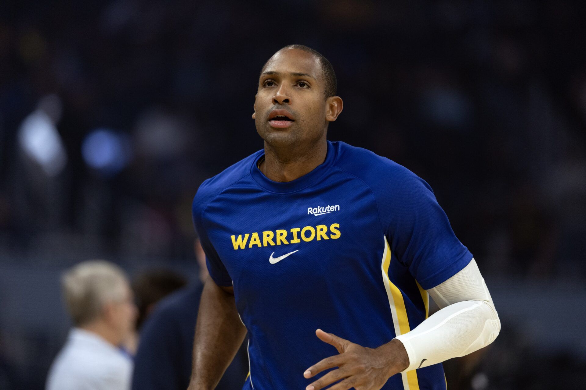 Golden State Warriors center Al Horford warms up before facing the Los Angeles Clippers at Chase Center.