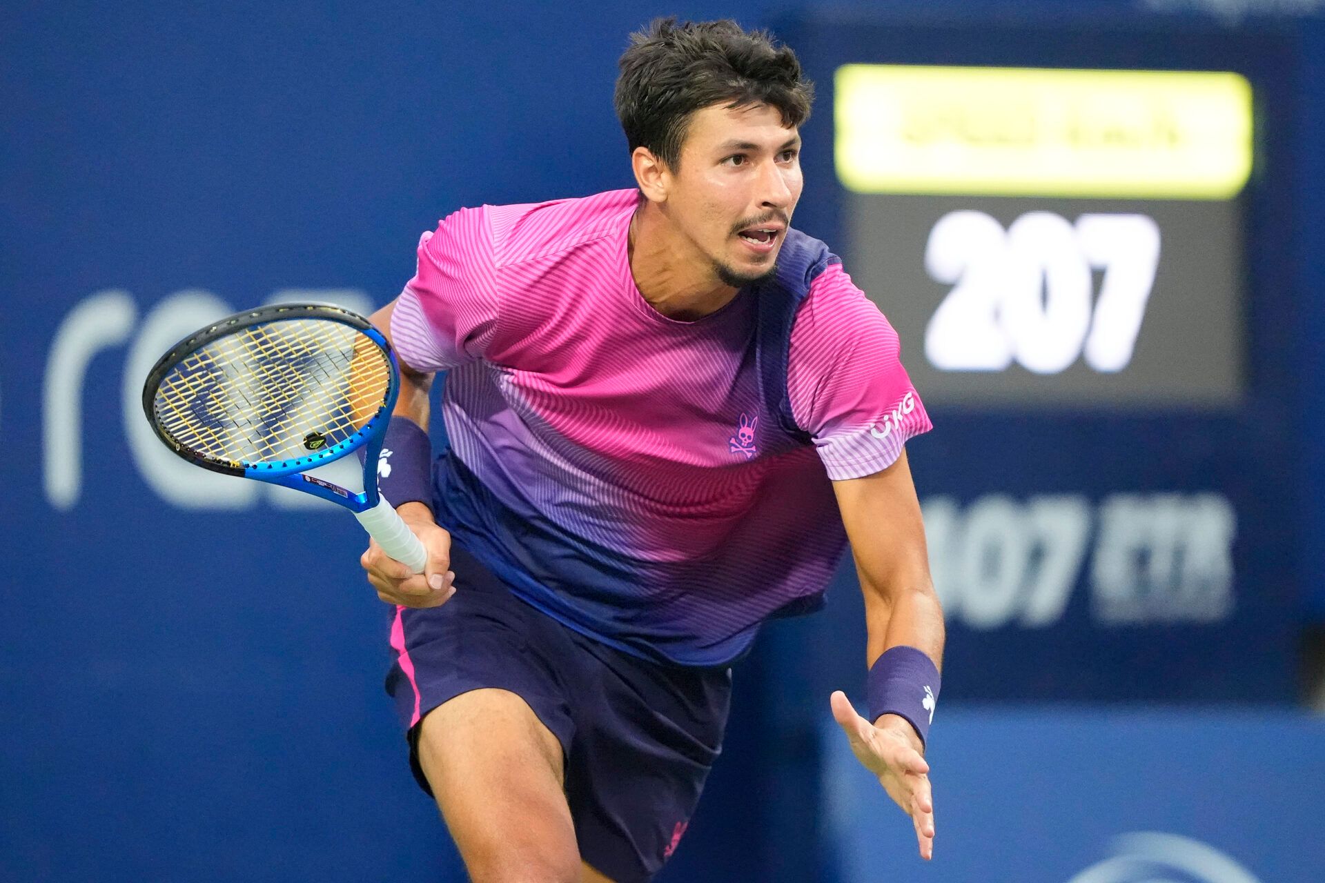 Alexei Popyrin (AUS) runs to the net to get to a ball hit by Alexander Zverev (not pictured) during quarterfinals at Sobeys Stadium.
