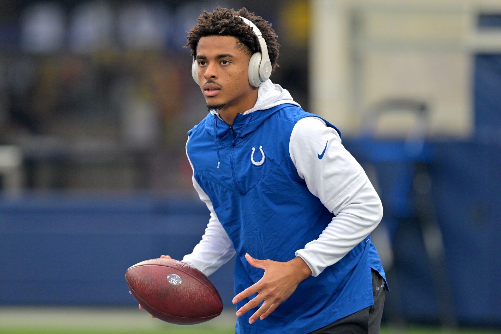 Indianapolis Colts wide receiver Josh Downs (1) warms up prior to the game against the Los Angeles Rams at SoFi Stadium.