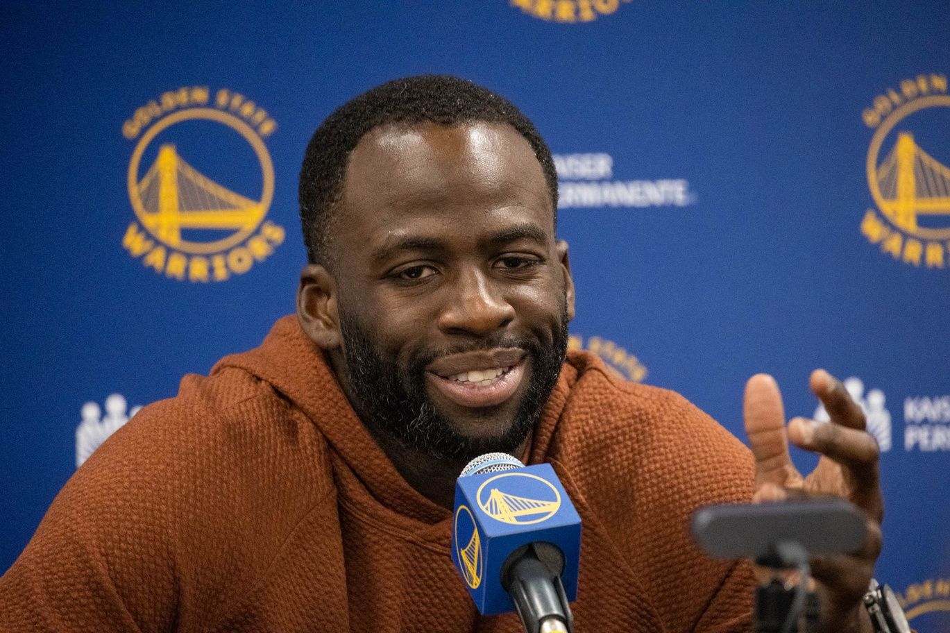 Golden State Warriors forward Draymond Green (23) talks to media after the game against the Indiana Pacers at Gainbridge Fieldhouse.