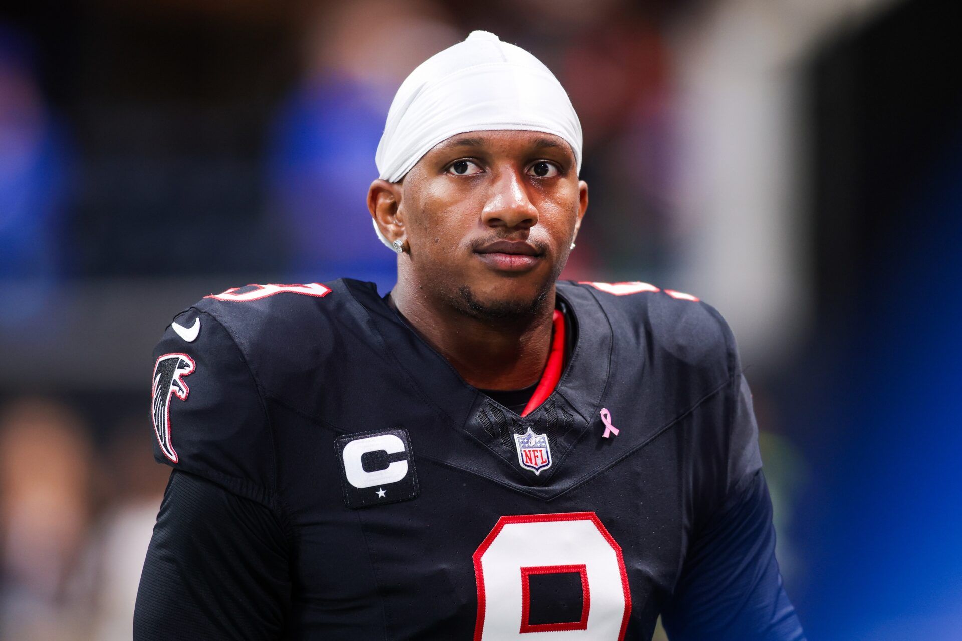 Atlanta Falcons quarterback Michael Penix Jr. (9) warms up prior to a game against the Buffalo Bills at Mercedes-Benz Stadium.