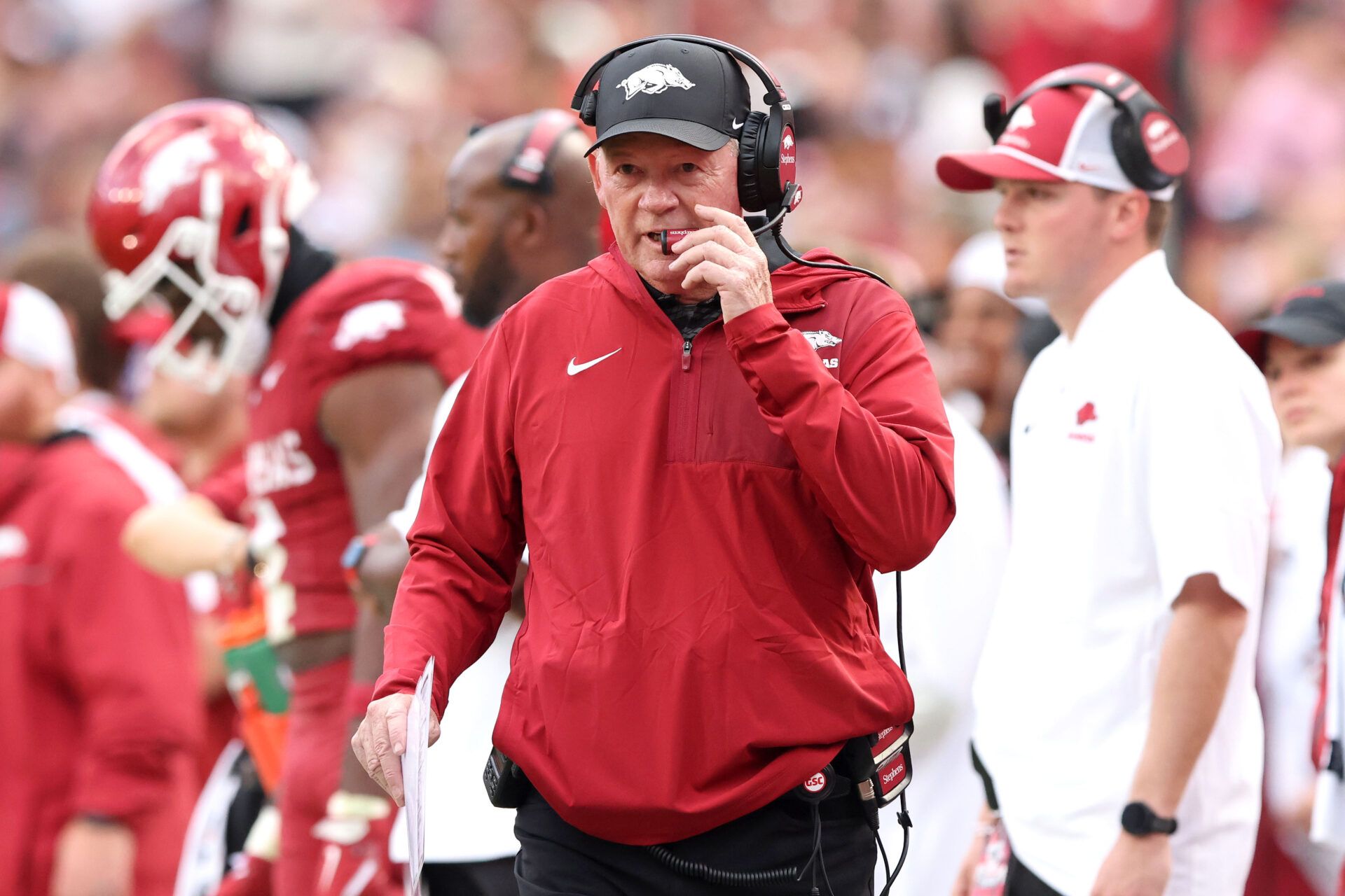 Arkansas Razorbacks interim head coach Bobby Petrino during the second quarter against the Texas A&M Aggies at Donald W. Reynolds Razorback Stadium.