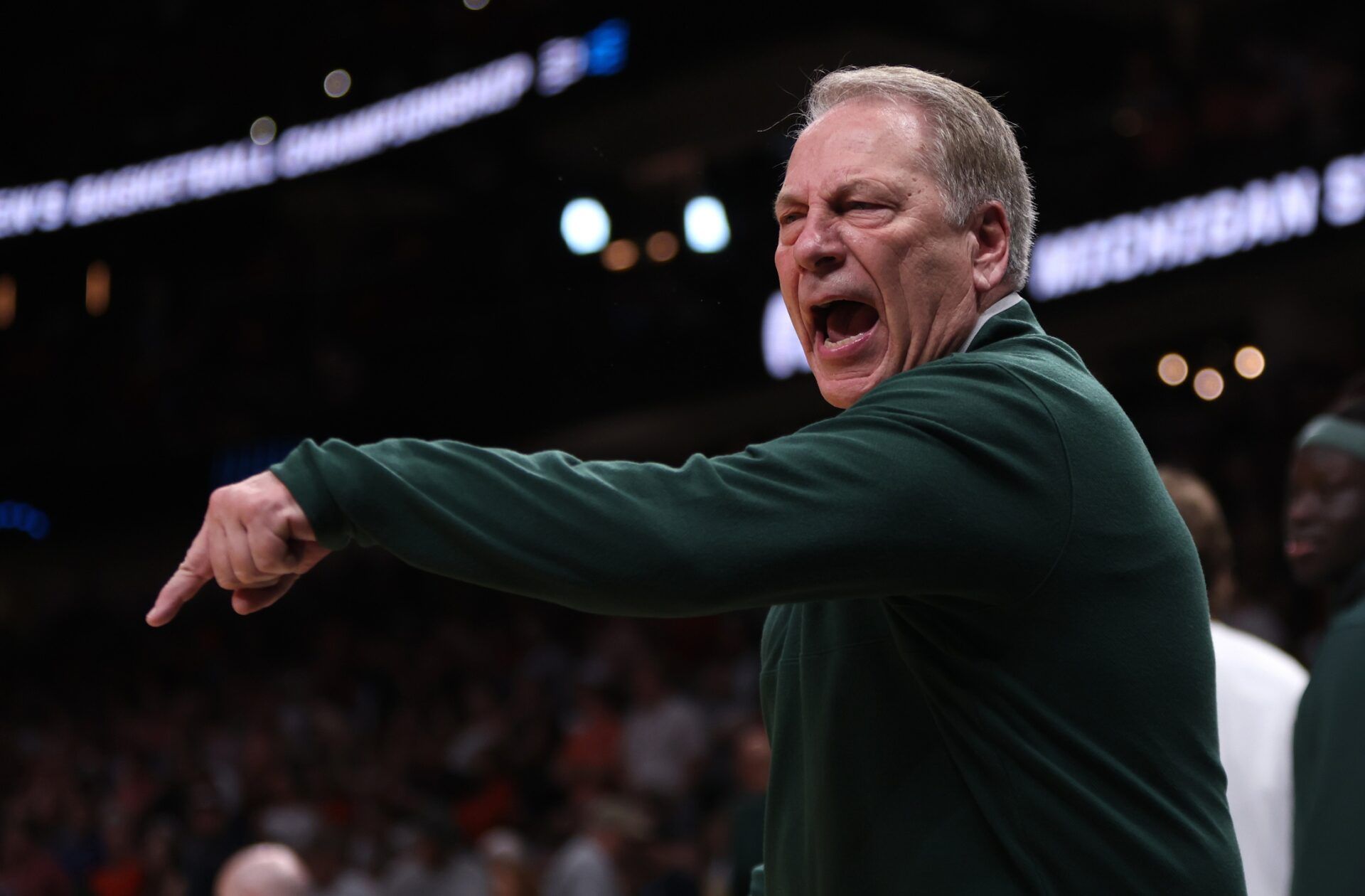 Michigan State Spartans head coach Tom Izzo during the first half in the South Regional final of the 2025 NCAA tournament against the Auburn Tigers at State Farm Arena.