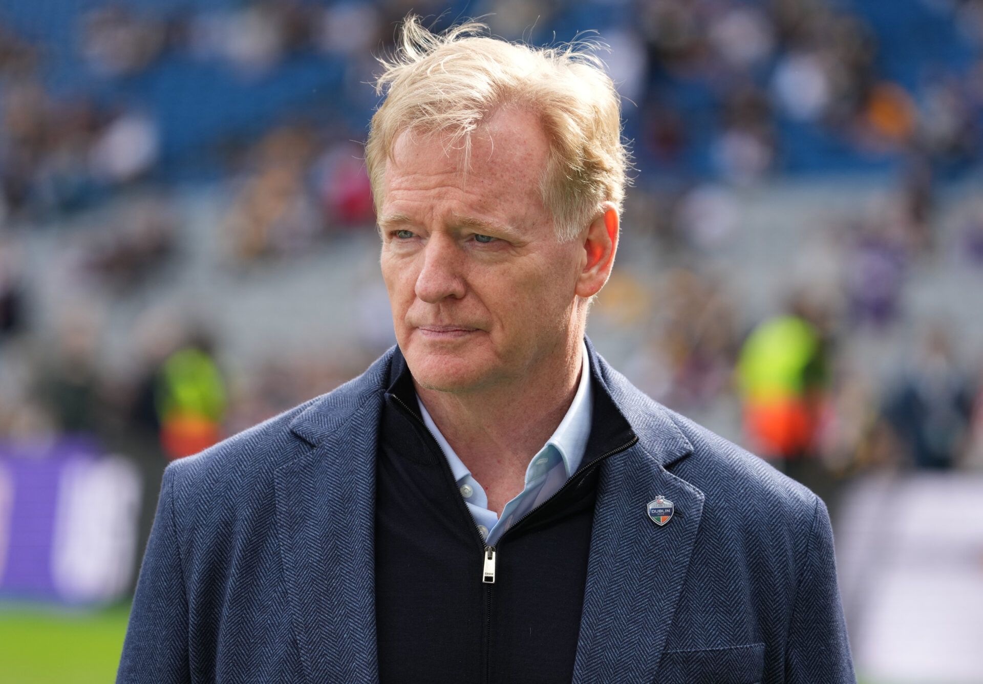 NFL commissioner Roger Goodell stands on the sidelines prior to a game between the Minnesota Vikings and Pittsburgh Steelers during an NFL International Series game at Croke Park.