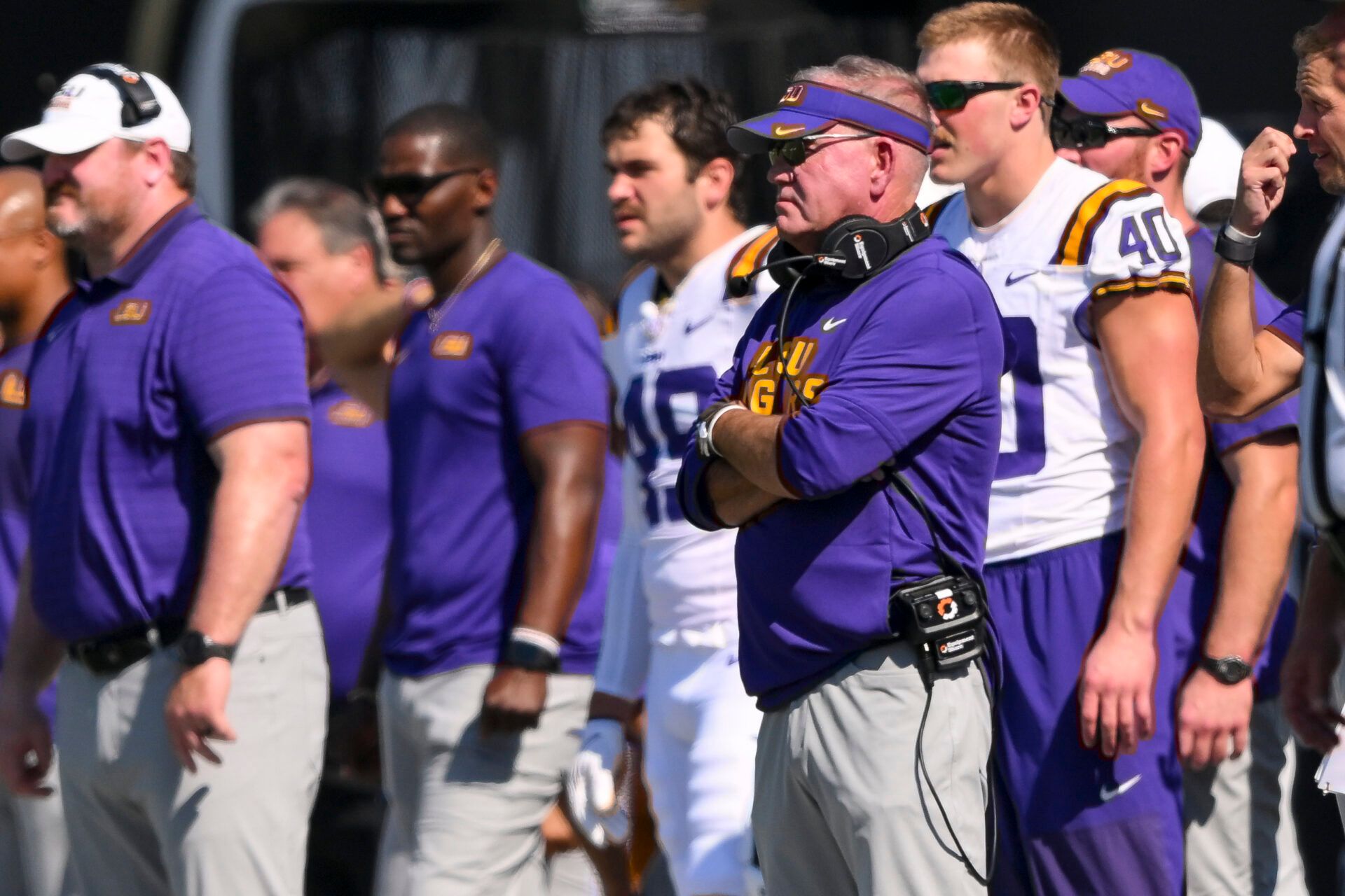 Louisiana State Tigers head coach Brian Kelly watches against the Vanderbilt Commodores during the first half at FirstBank Stadium.
