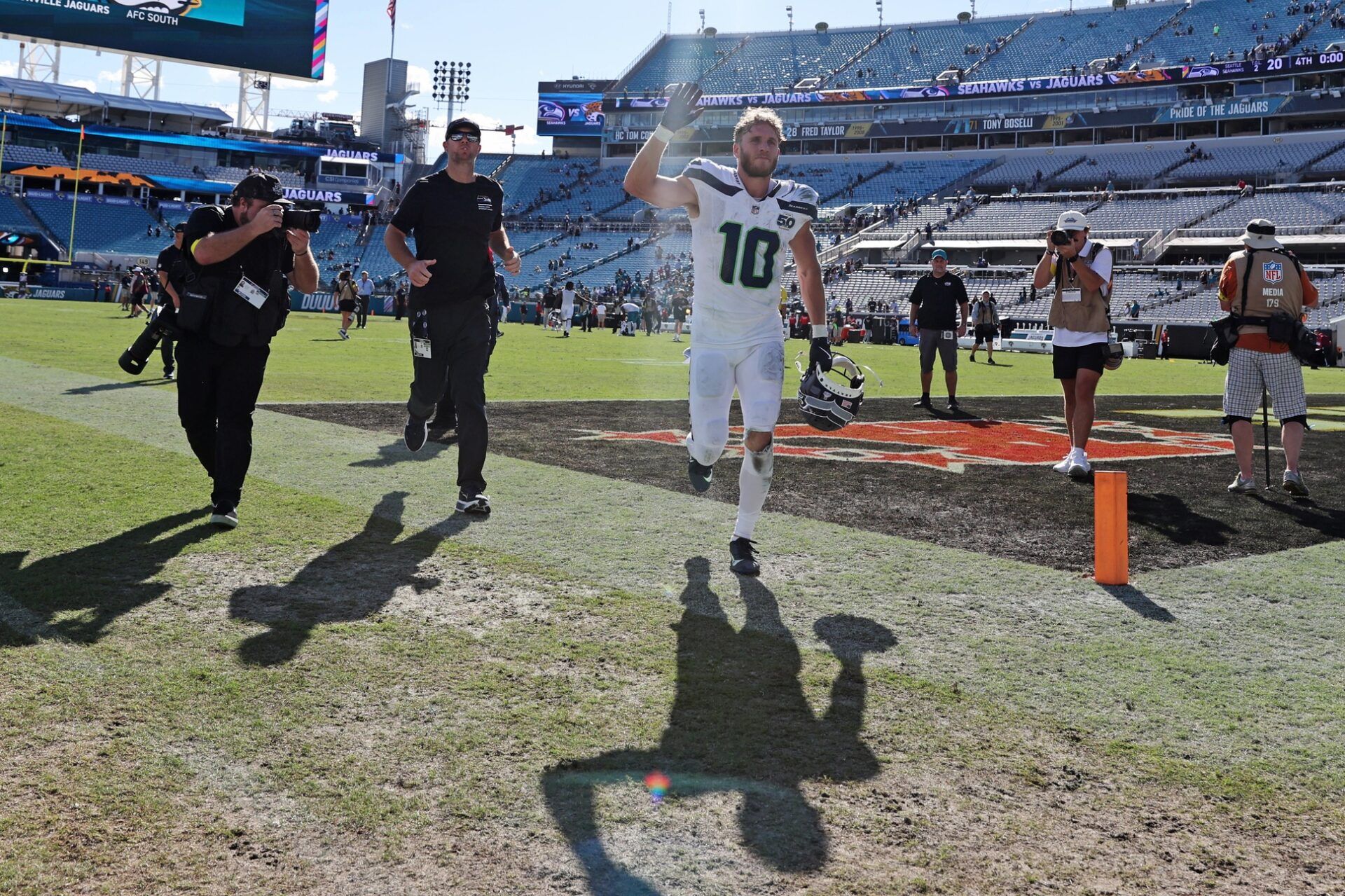 Seattle Seahawks wide receiver Cooper Kupp (10) runs off the field after the game against the Jacksonville Jaguars at EverBank Stadium.
