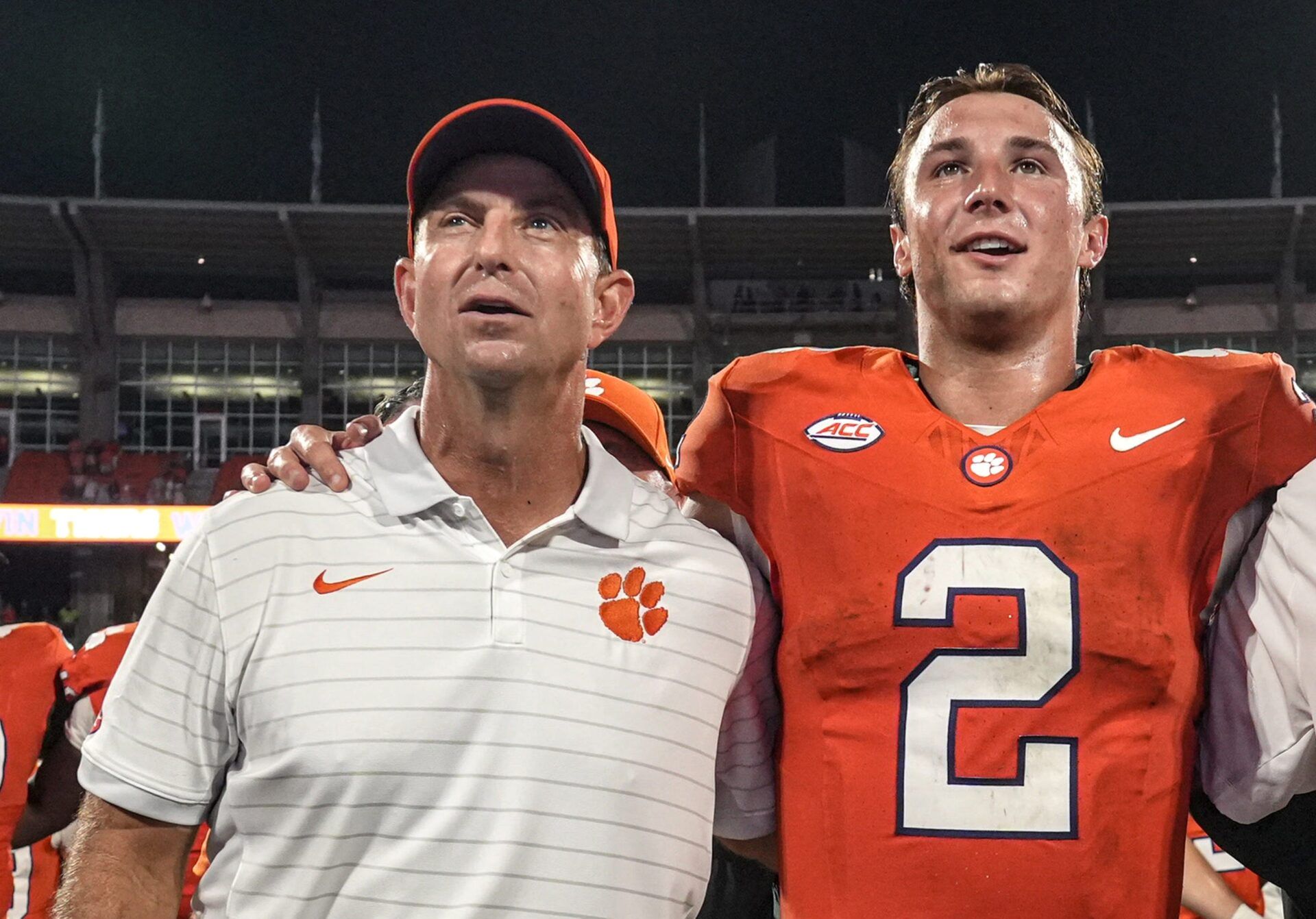Clemson head coach Dabo Swinney, left, and quarterback Cade Klubnik (2) after the game with Troy at Memorial Stadium Saturday, September 6, 2025 in Clemson, S.C.