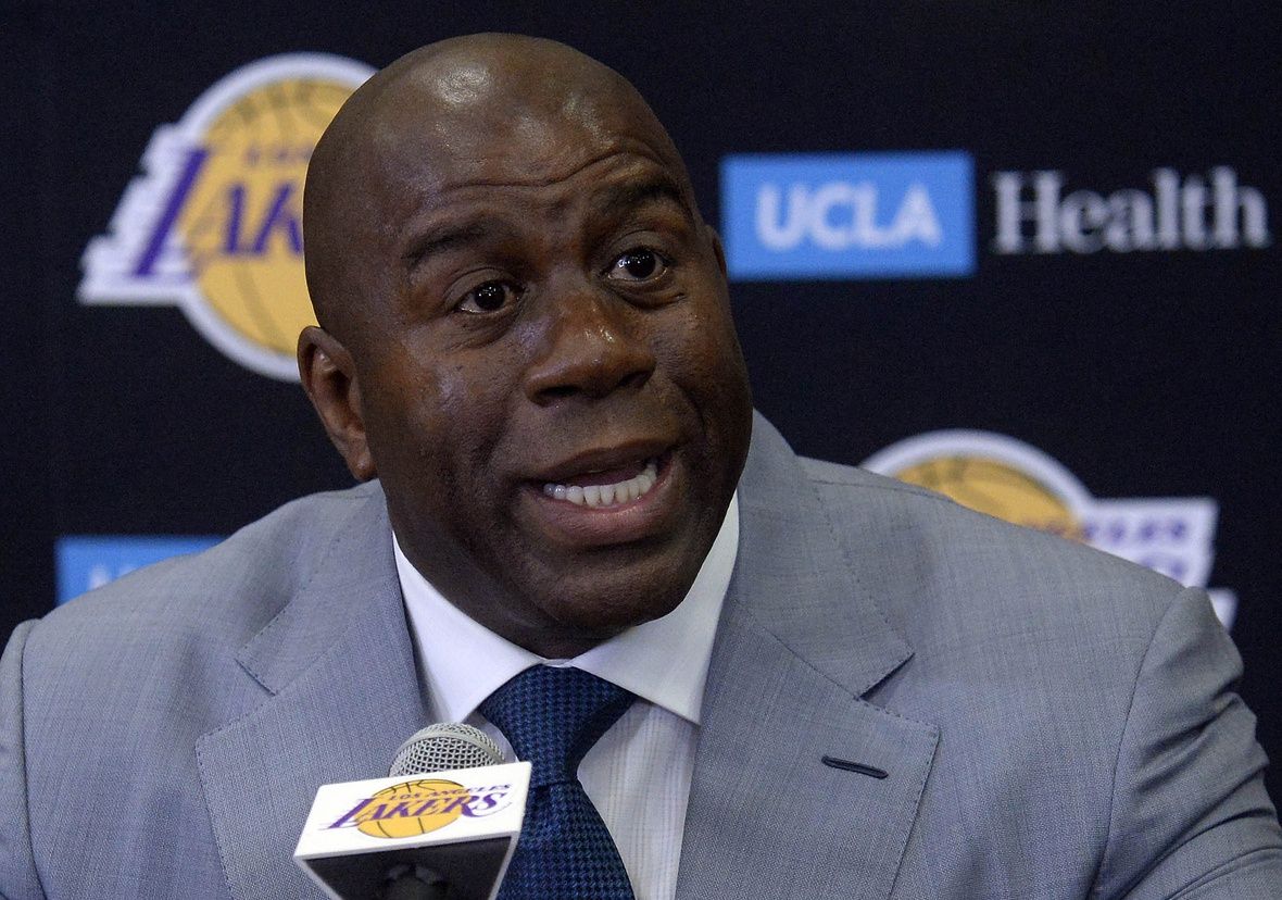 Los Angeles Lakers president of basketball operations Magic Johnson speaks to media before introducing newly drafted player Lonzo Ball at Toyota Sports Center.